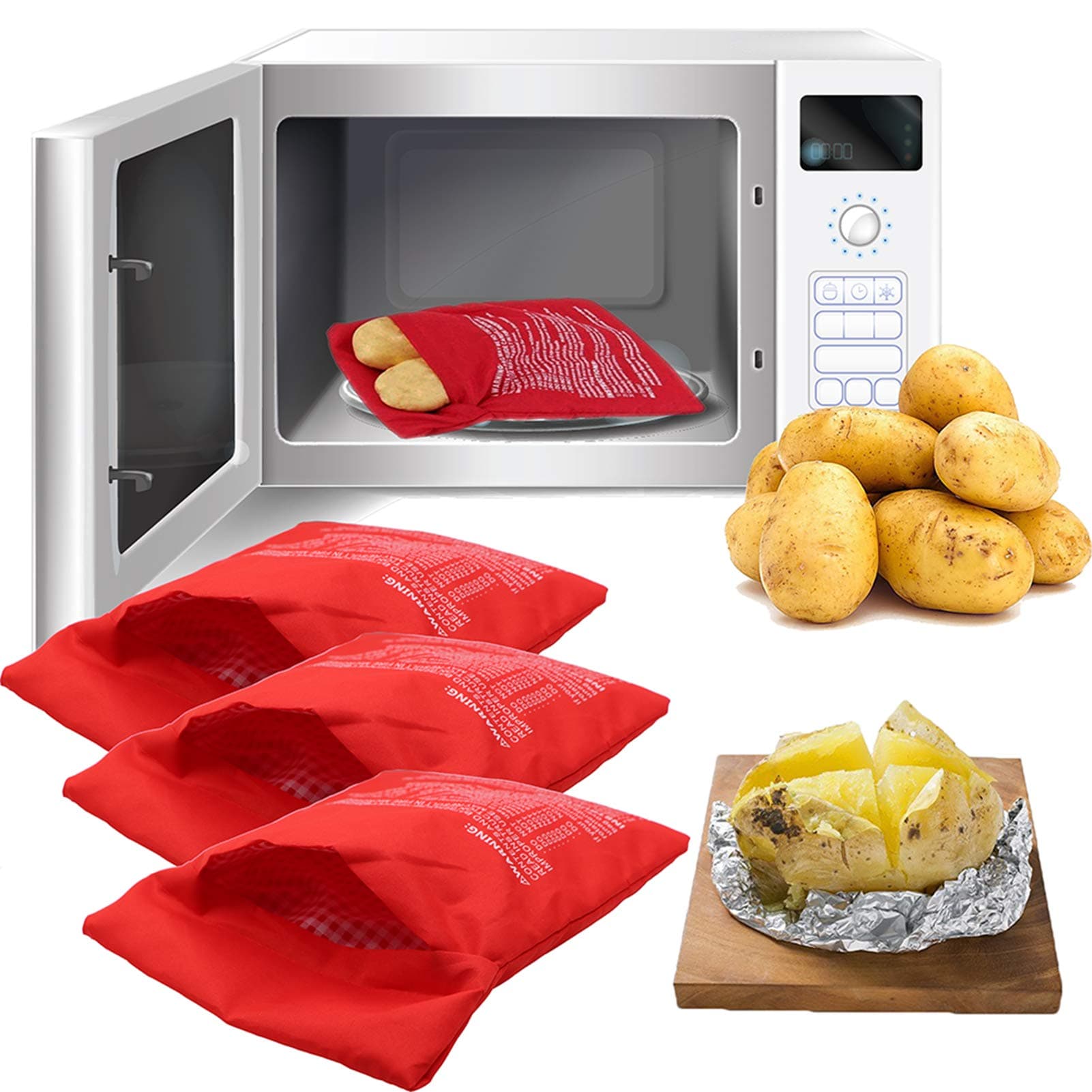 LeeYeanMicrowave Potato Bag, 3 Pack Reusable Express Microwave Potato Cooker Bag, Baked Potato Cooker Perfect Potatoes 4 Minutes - Red Baked Pouch