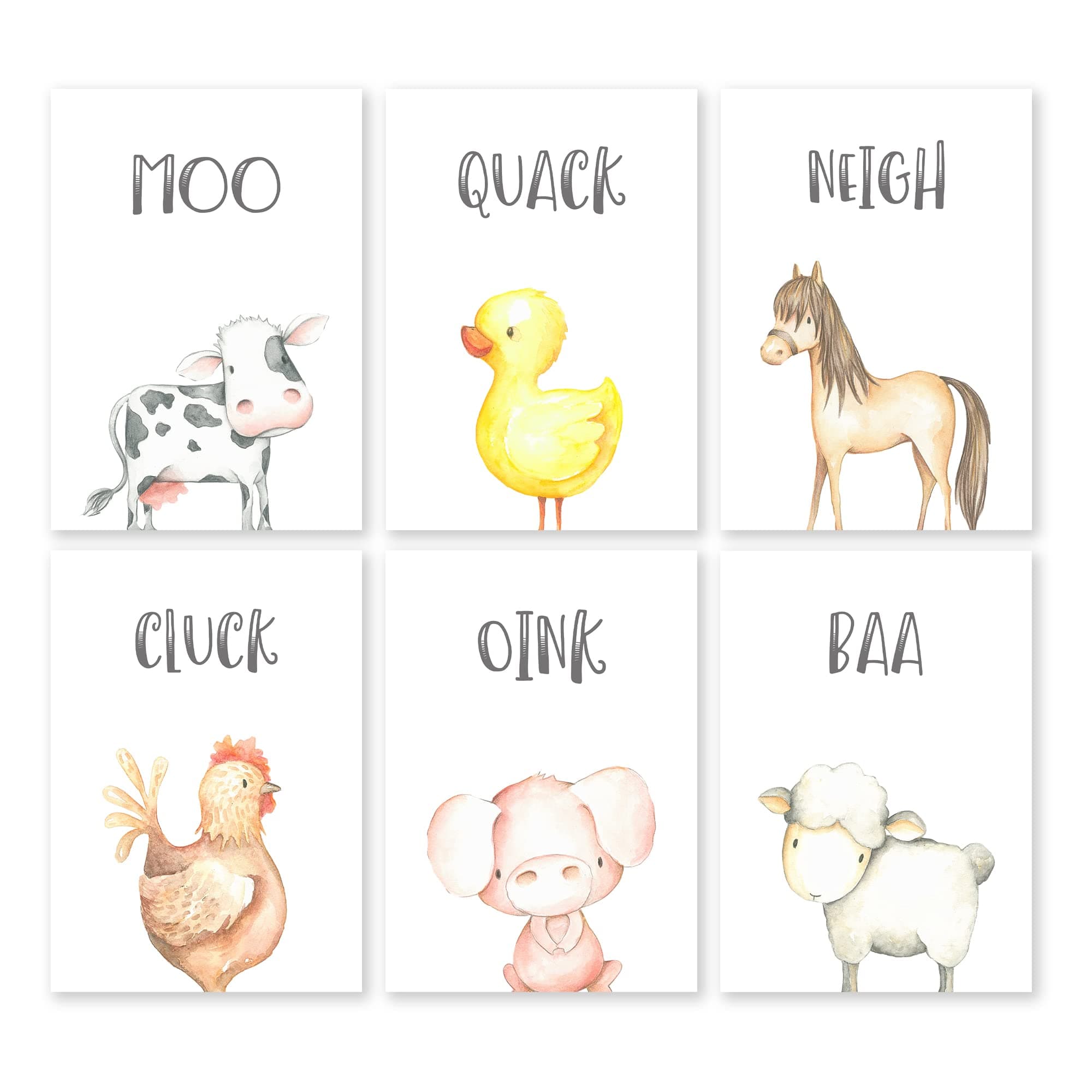 Farm Animal Sound Prints Set of 6, Neutral Nursery Wall Art, Baby Animal Pictures, Unframed Posters