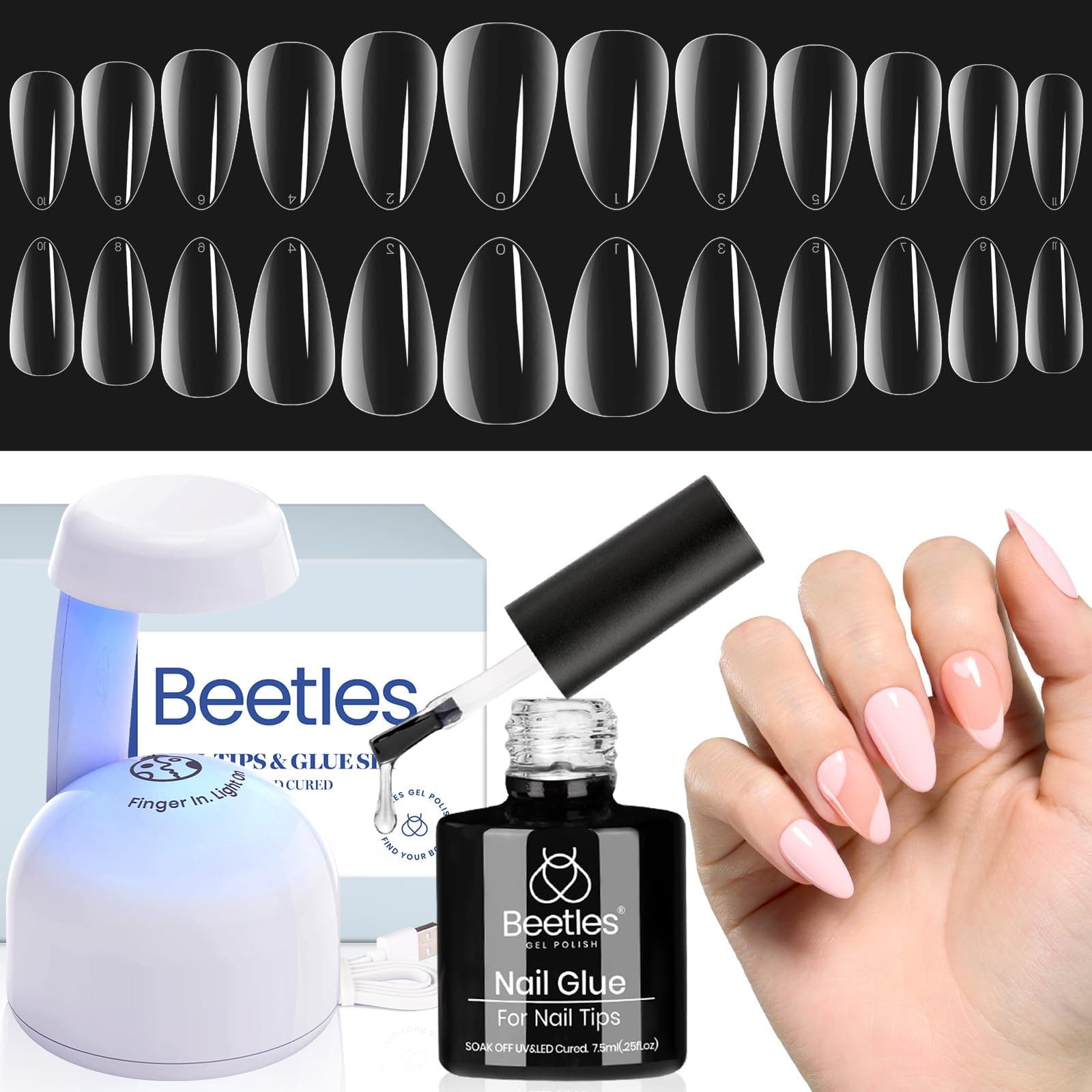 Beetles Easy Nail Extension Set with 500Pcs Soft Short Almond Shape Tips & 5 In 1 Nail Glue Base Gel and Innovative Uv Led Lamp Easy DIY Manicure Art Home Acrylic False Tips Kit
