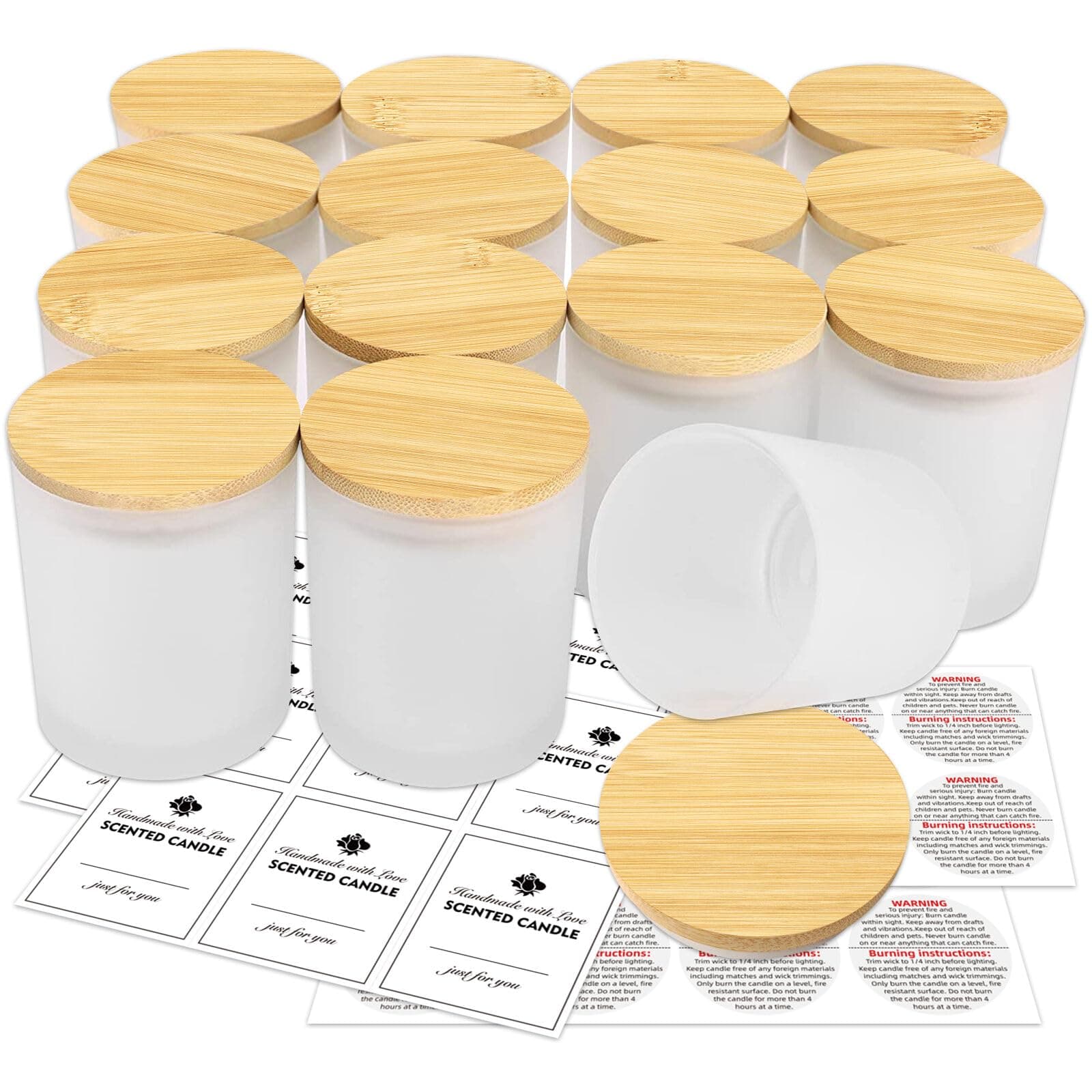 15 Pack Empty Candle Jars, 7oz Frosted Glass Jars with Bamboo Lids Candle Containers in Bulk for Making Candles, Stickers and Labels Included