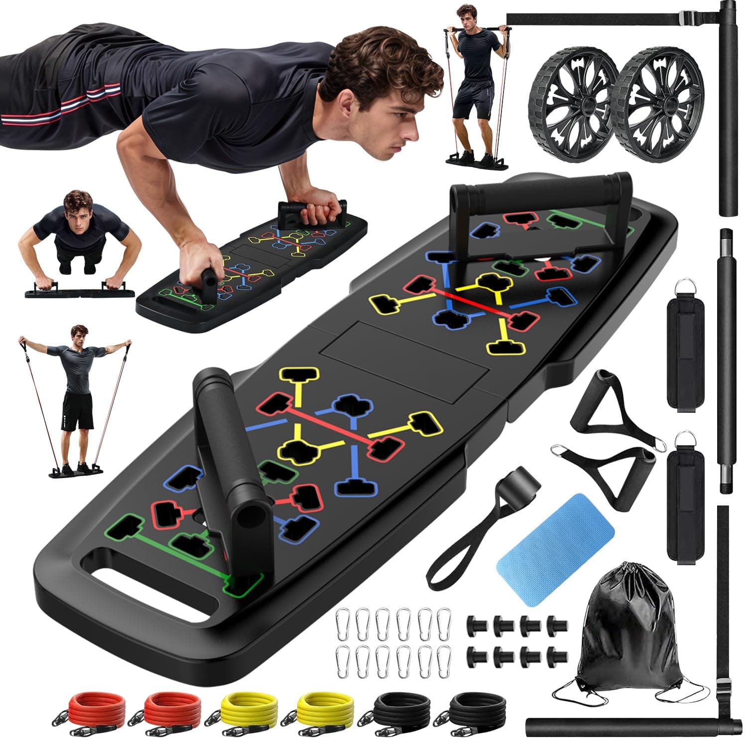 Push Up Board,Home Gym,Portable Exercise Equipment,Pilates Bar & 20 Fitness Accessories with Resistance Bands & Ab Roller Wheel,Full Body Workout at Home