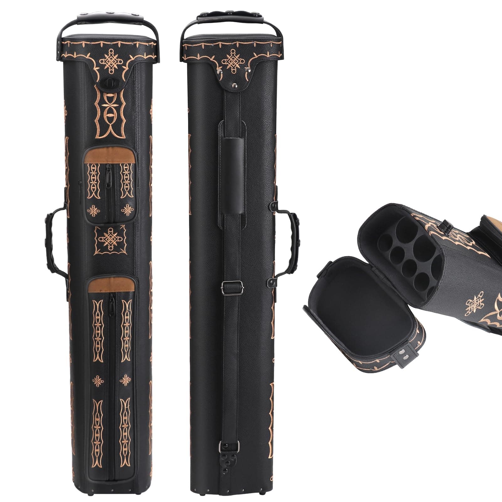 3x5 Hard Pool Cue Case, Leather Pool Cue Case, Hard Pool Case For 3 Sticks, Pool Stick Case With Large Pouch, High Capacity Pool Stick Case Holds 3 Cue Butts 5 Cue Shafts, Embroidery Design