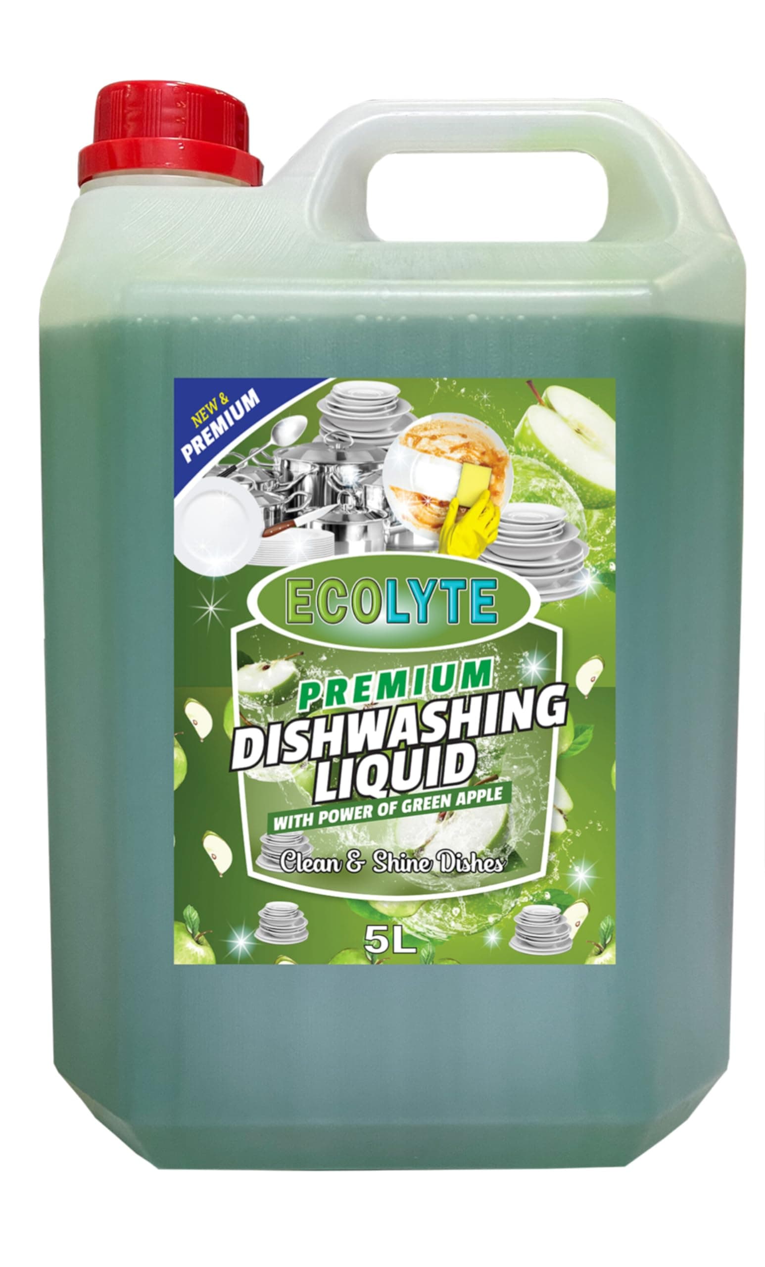– ECOLYTE+ Dishwashing Liquid Soap, Platinum Antibacterial Detergent & Perfect Shine, All Purpose Cleaner, Leaves No Residue, Kitchen Cleaner, Removes Grease & Oil - (Green Apple, 5 Liter)