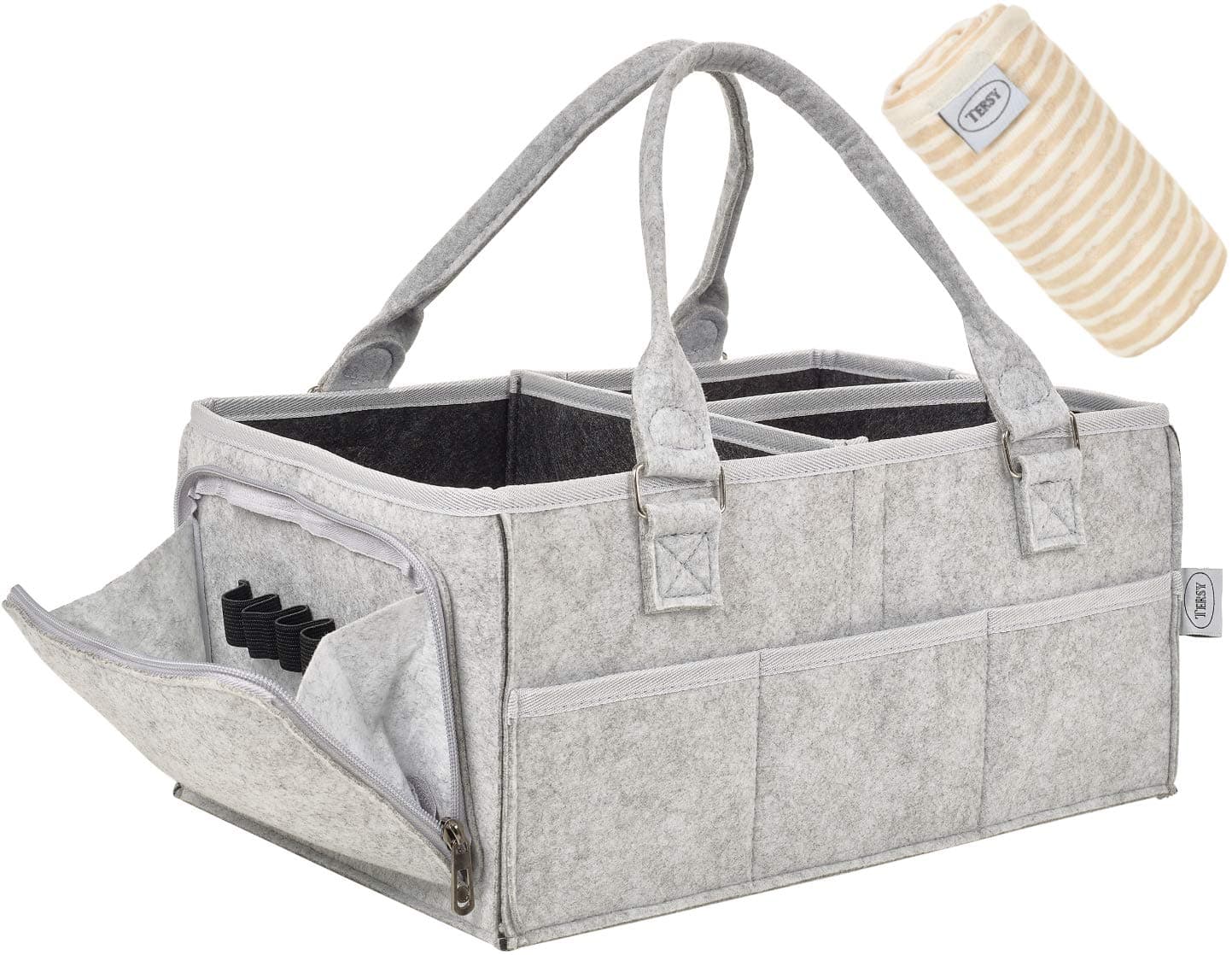 TERSY | Baby Nappy Caddy Organiser with Bonus Changing Mat | Larger, Stronger & Safer | Grey Portable Storage Caddy | Baby Box Diaper Caddy with Changeable Compartments Ideal for Baby Nursery