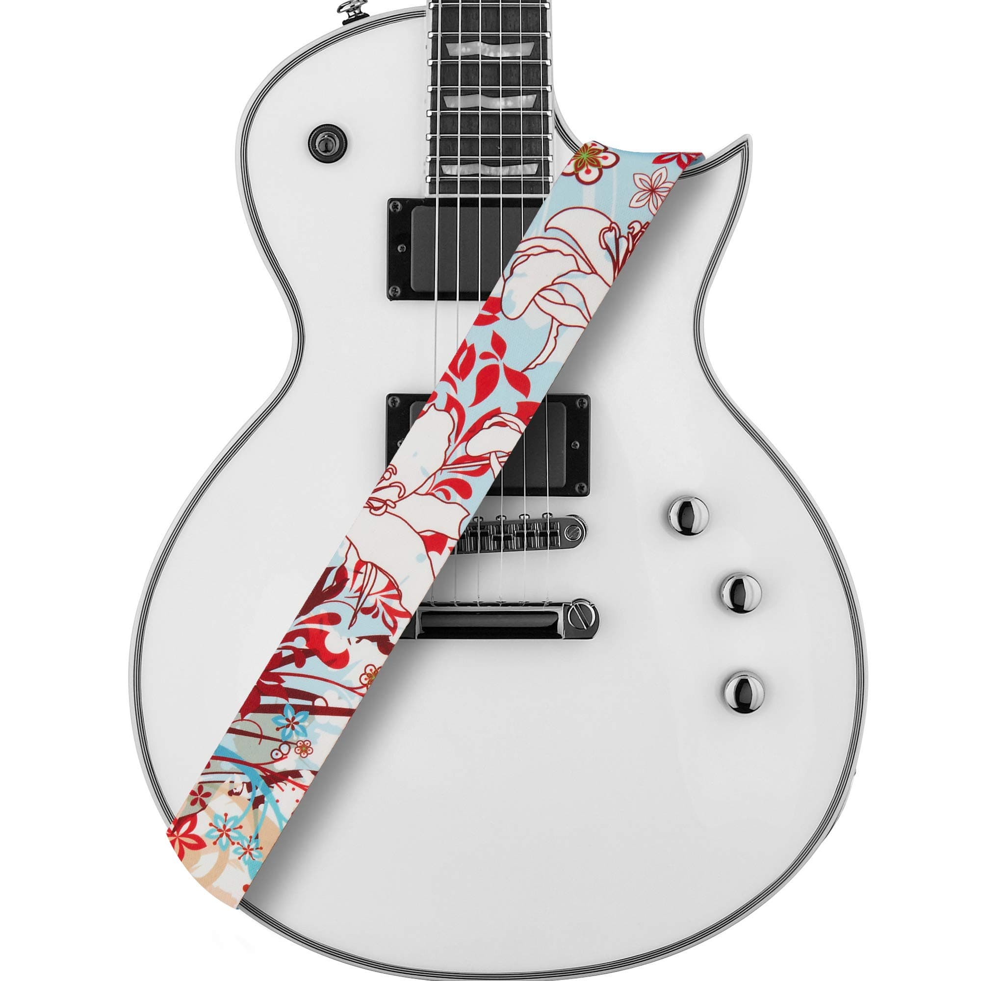 Amumu Guitar Strap White Lily Flower Light Blue Polyester Cotton for Acoustic, Electric, and Bass Guitars with Strap Blocks & Headstock Strap Tie - 2" Wide