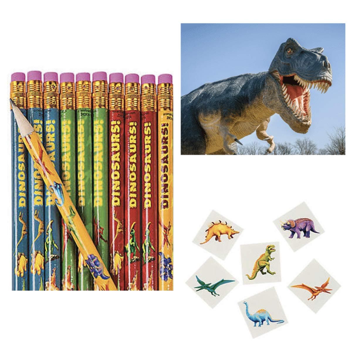 120 Dinosaur Party Favors - 24 Pencils - 24 Stickers & 72 Tattoos - Birthday Parties Prehistoric Jurassic T-REX Steg - Classroom Give-aways Teacher Dino