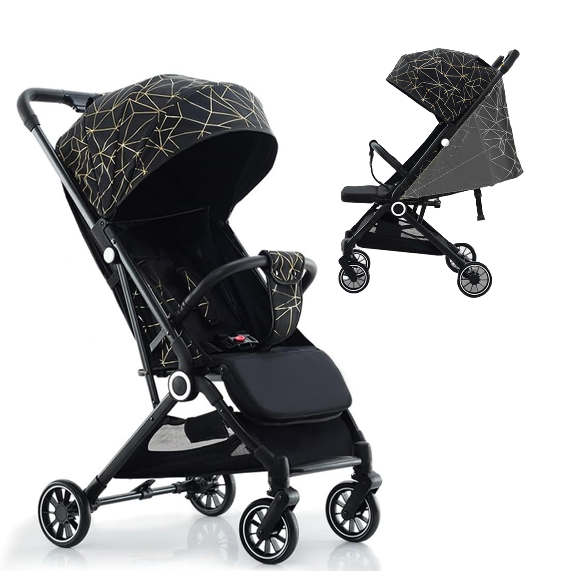 MONOCUS™ Baby Stroller Lightweight Cabin Pram & Infant Carrier Push Chair - Foldable All-Terrain Stroller With Convertible Double Seats, Car Seat Compatibility, and Convenient Stroller Bag, Black