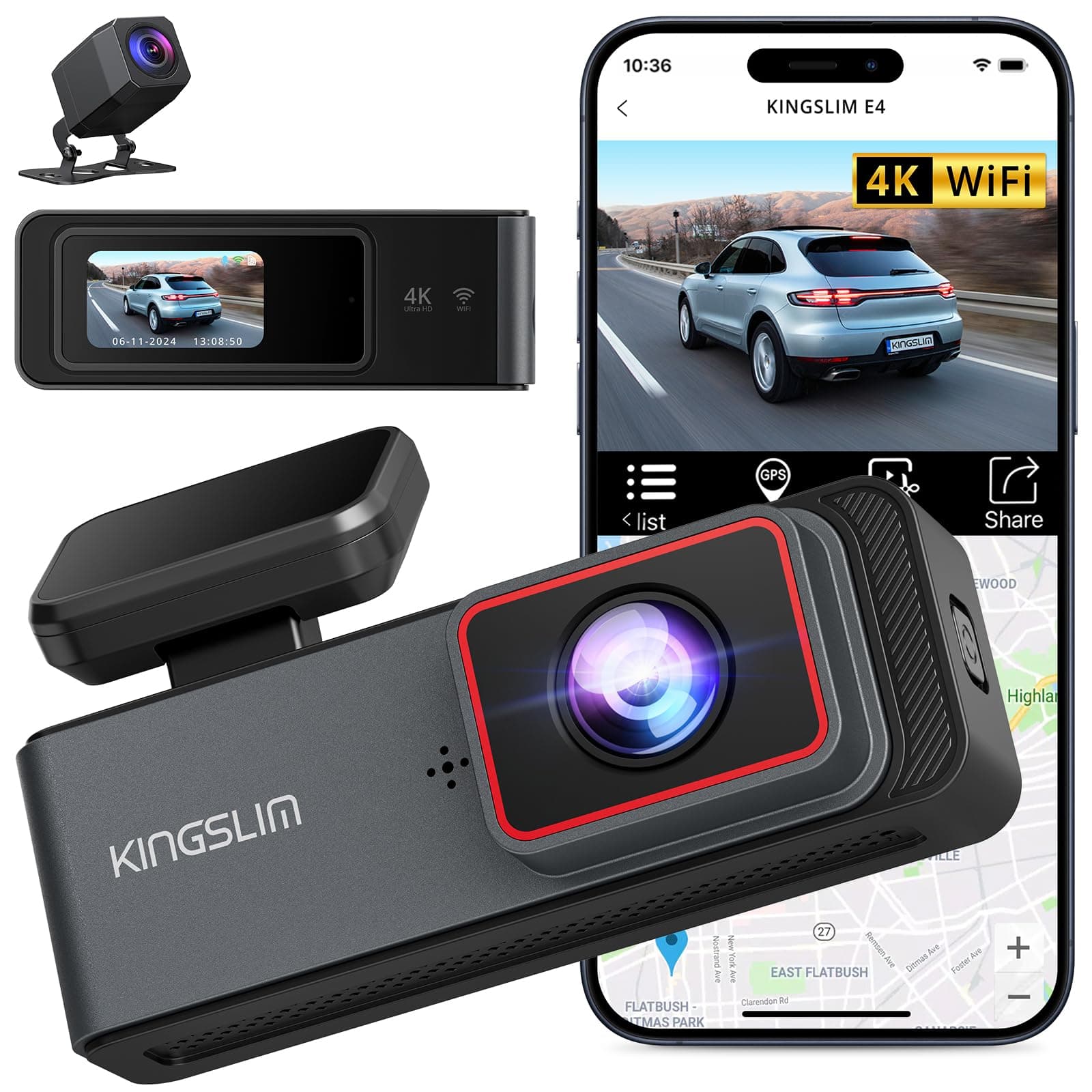 Kingslim E4 4K Dash Cam Front and Rear, Ultra HD Front 4K Rear 1080P Dual-Channel Real 4K Dash Camera for Cars, 1.5" Mini Lipstick Design Dashcam with WiFi & APP Control, Night Vision, Parking Mode