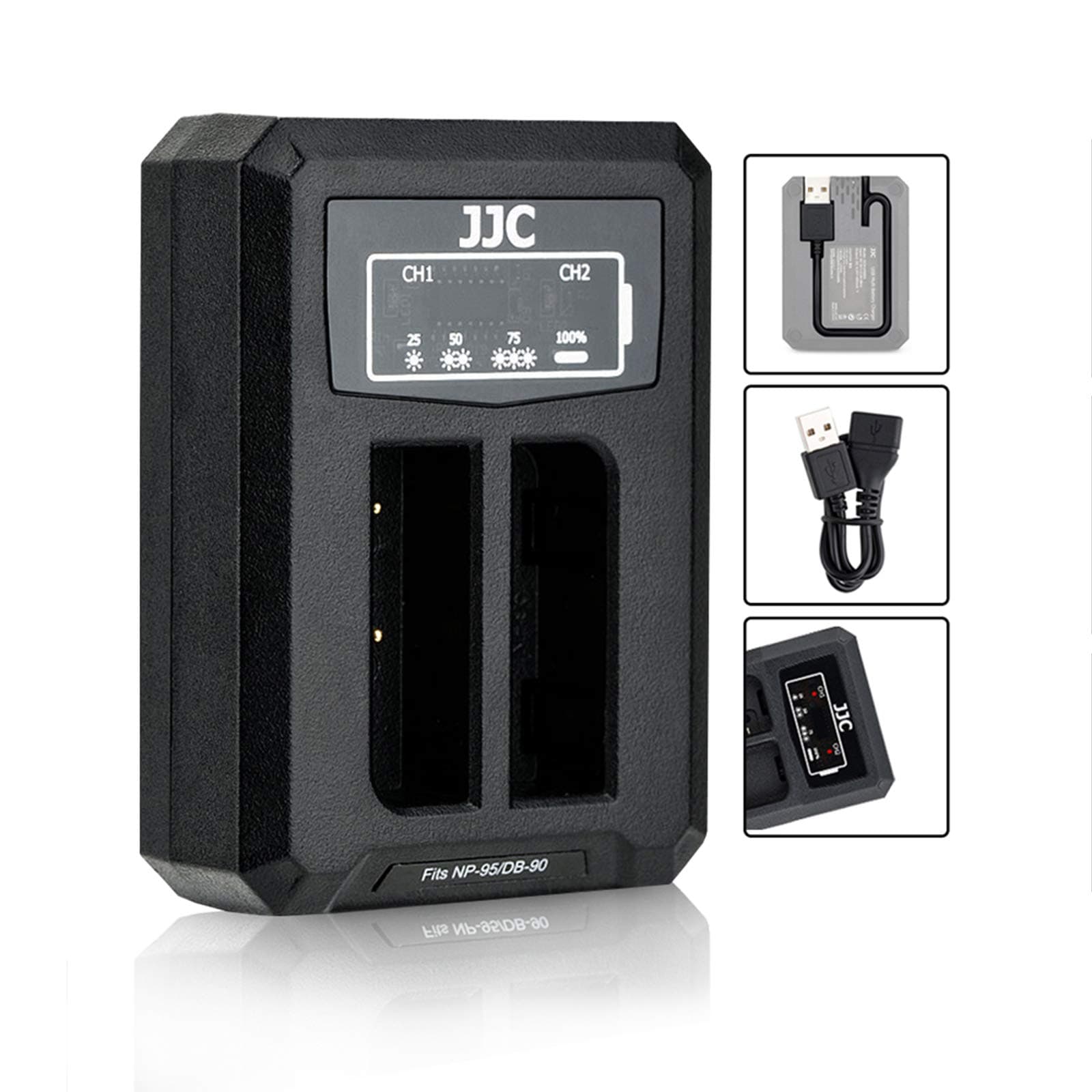 USB Dual Battery Charger for Fujifilm NP-95 FinePix X100 X100S X-S1 X30 X100T FinePix Real 3D W1 FinePix F31fd FinePix F30 and Ricoh DB-90 GXR GXR Mount A12 GXR P10