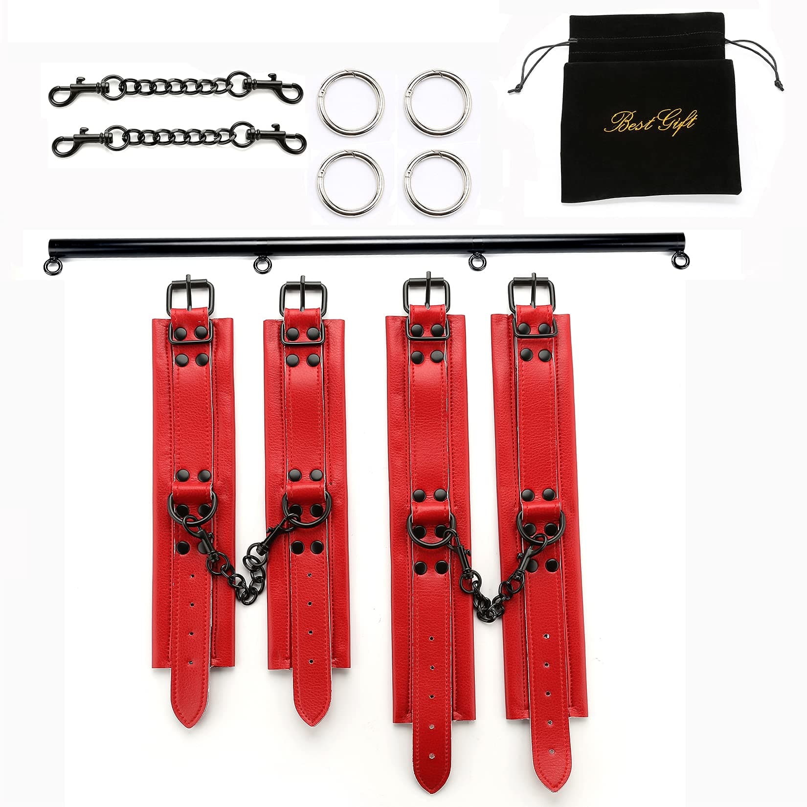 EXREIZST Expandable 3 in 1 Spreader Bar Set with Bag and 4 Soft Leather Straps Set Adjustable Home Yoga Bar Kit, Black and Red