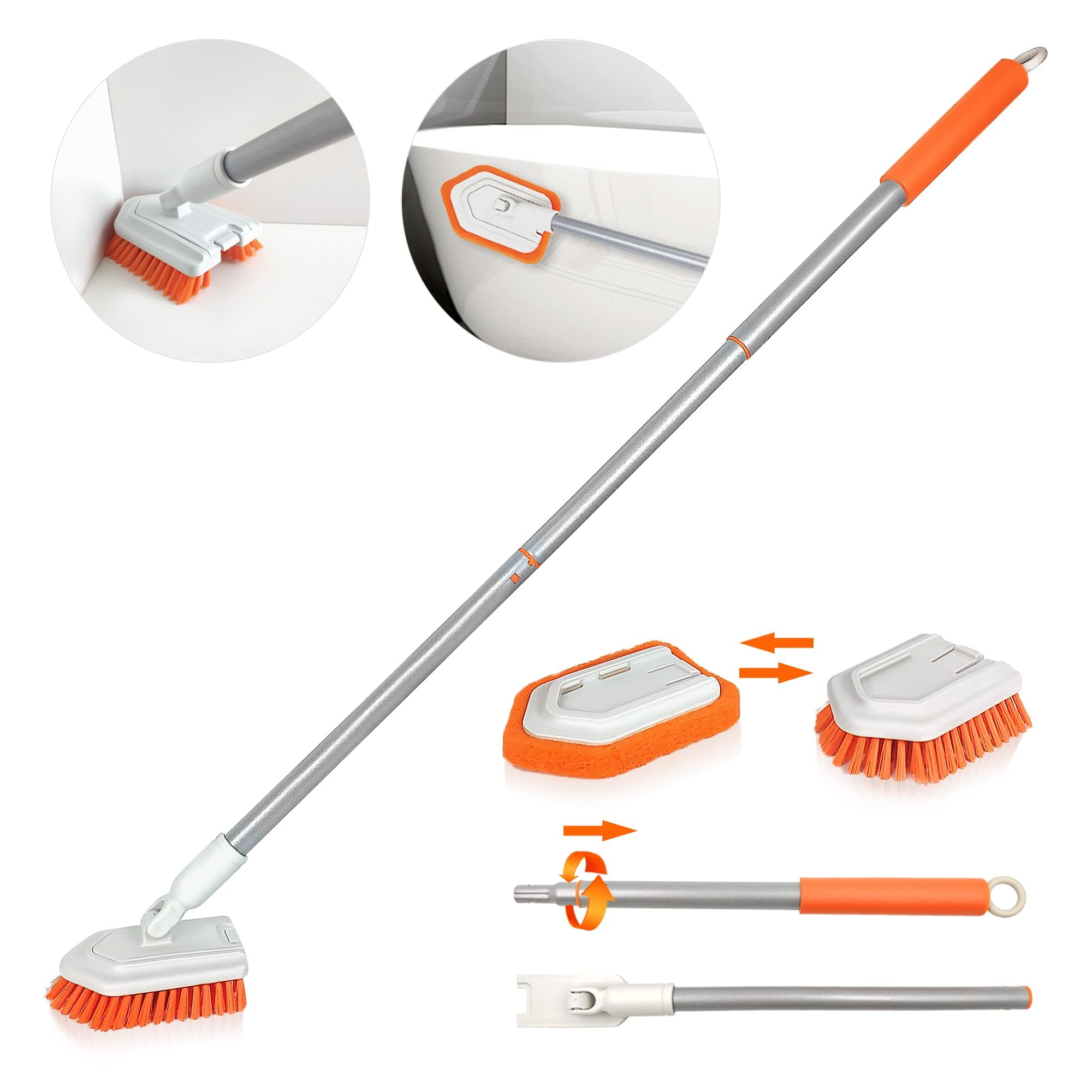 JEHONN Bathroom Cleaning Brush, Scrubbing Brush with Telescopic Handle, Tub Tile Shower Scrubber, Detachable Stiff Bristle Cleaner Brush and Sponge Head for Bathtub Floor Wall Glass Sink