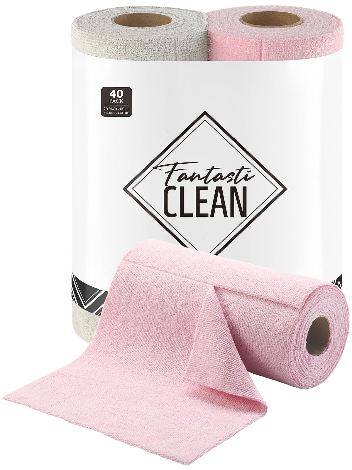 Fantasticlean Tear-Away Dish Cloth - 40 Sheets - 10'' by 10'', Reusable Washable Kitchen Towel Rolls, Super Absorbent and Thick Microfiber Cleaning Cloths (2 Rolls of Pink and Grayish)