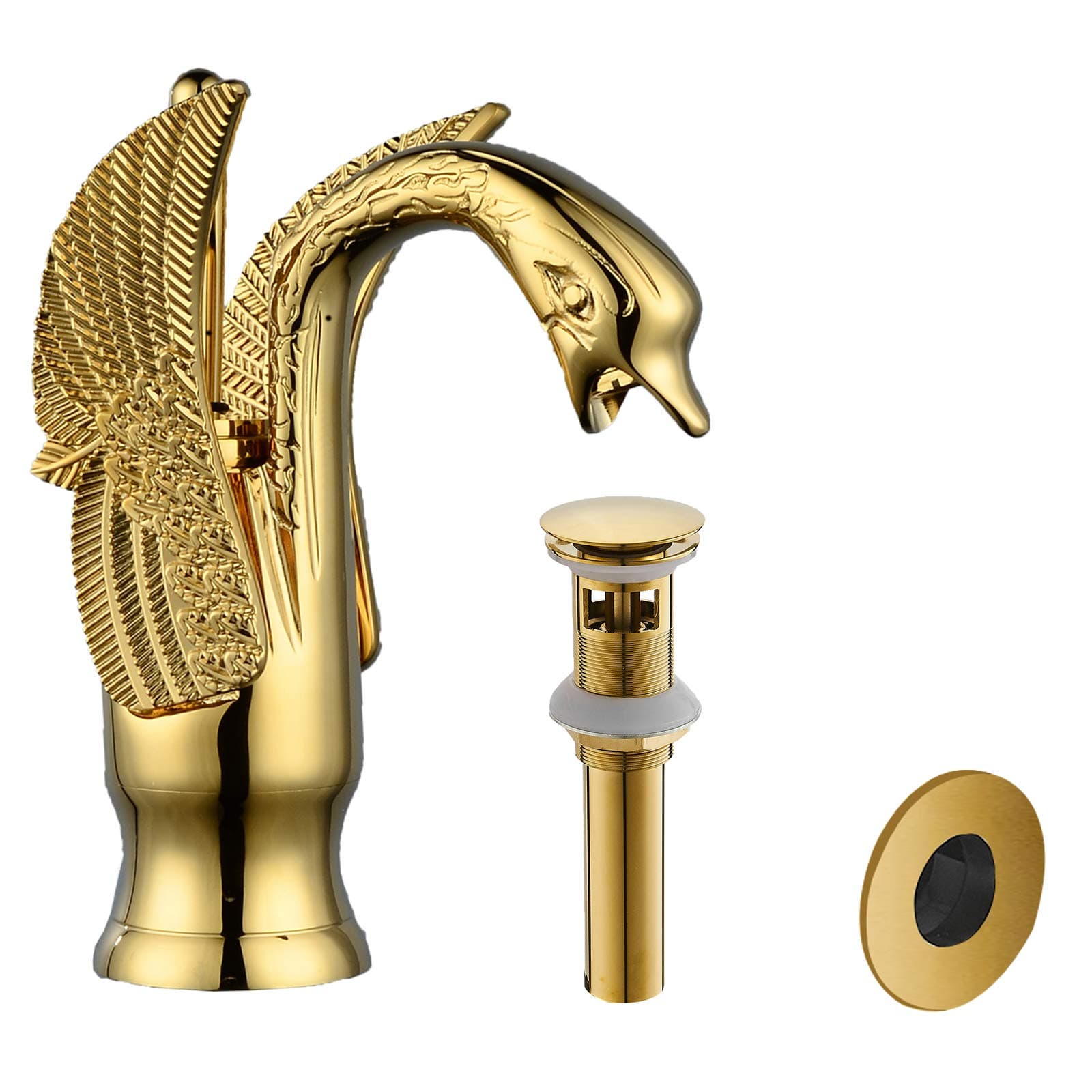 BWE Swan Faucet Gold Matching Pop Up Drain with Overflow Stopper Supply Line and Overflow Cover Single Handle Single Hole Bathroom Sink Faucet Lavatory Basin Vanity Mixer Tap