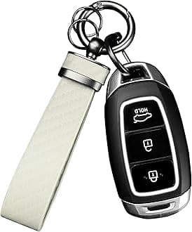 Turcee Carbon Fiber Car Keychain,Automotive Interior Accessories Keychains Leather Car Key Fob,Car Accessories Key Ring&Anti-Lost D-Ring(White)