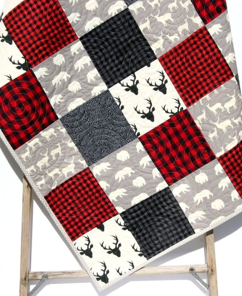 Buffalo Plaid Quilt Modern Baby Bedding Woodland Deer Buck Bear Nursery Bedding Red Black Gray Lumberjack Plaid Check Handmade Crib or Toddler Size