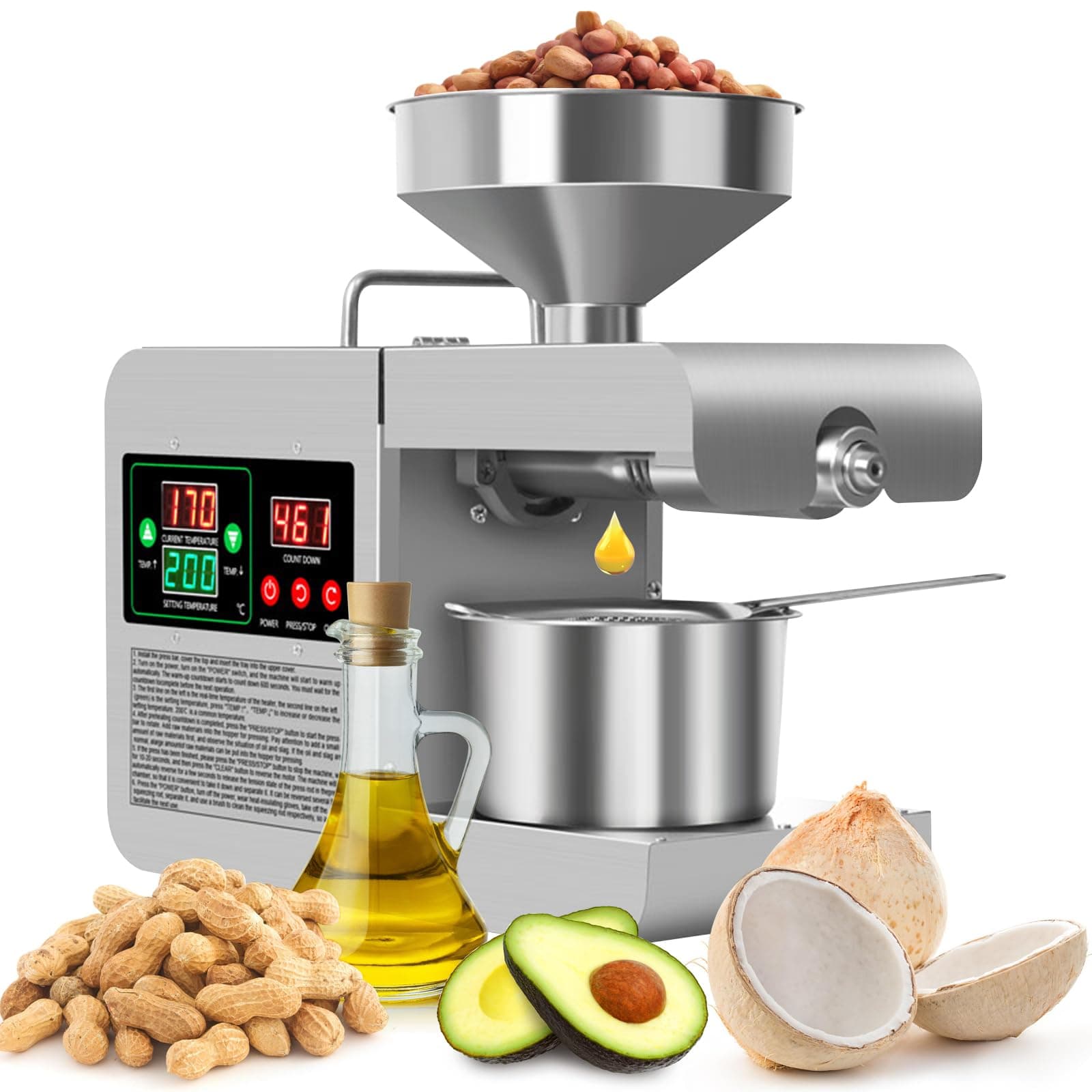 850W Automatic Oil Press Machine, Hot & Cold Press Oil Machine for Home Commercial Business, Electric Oil Maker for Olive Peanut Sesame Coconut Sunflower Seeds Soybean Walnut - Heater Upgraded