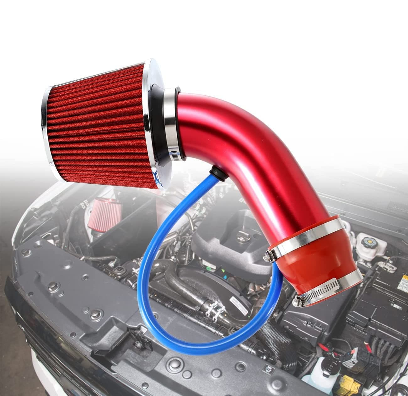 ALAVENTE Cold Air Intake 3" Universal Cold Air Intake Pipe Kit Aluminium Automotive Car Air Intake Air Filter Induction Flow Hose Pipe Kit (Red)
