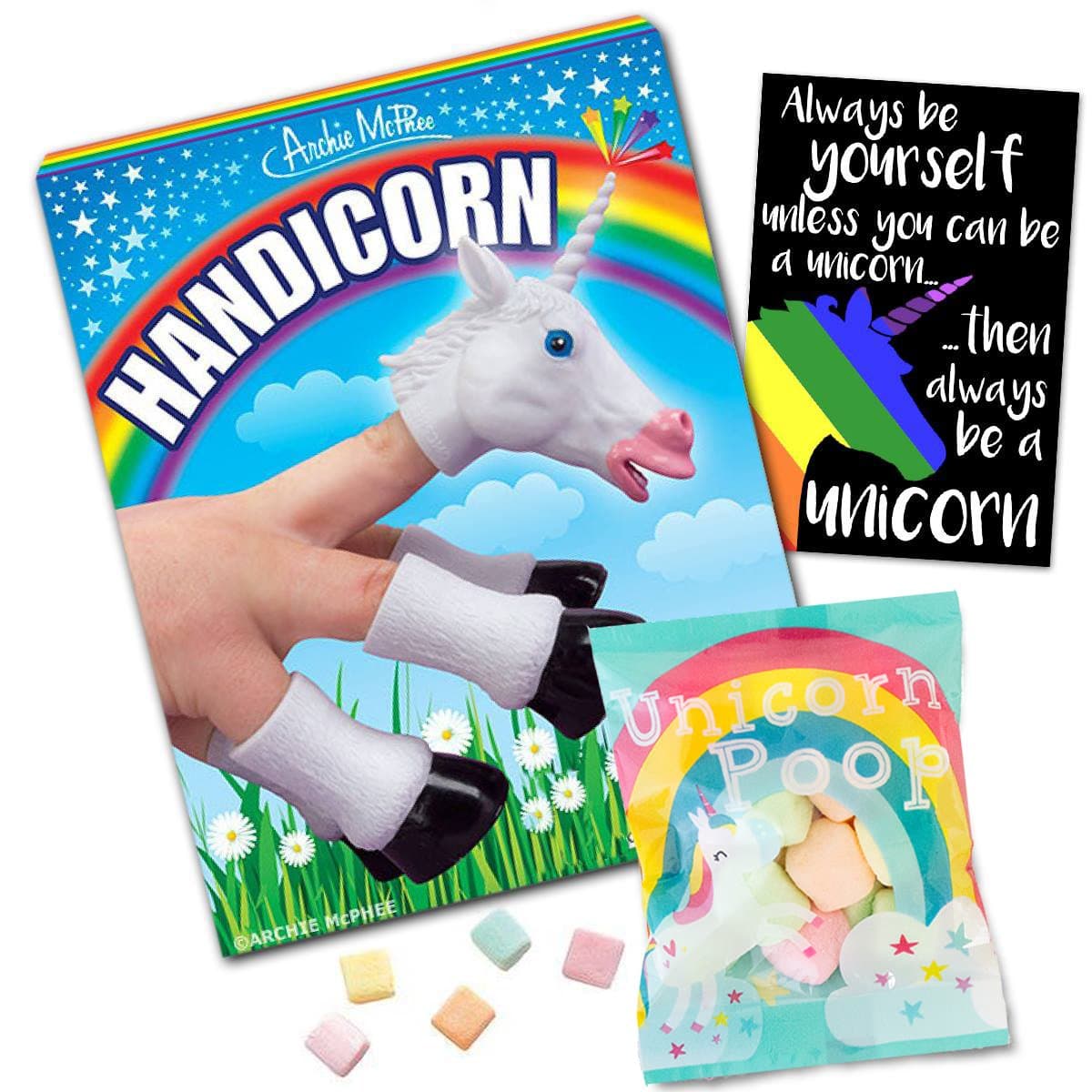 Handicorn Finger Hand Puppet with Unicorn Poop Candy & Sticker - 3 pc Bundle - Great Gift by Unicornucopia