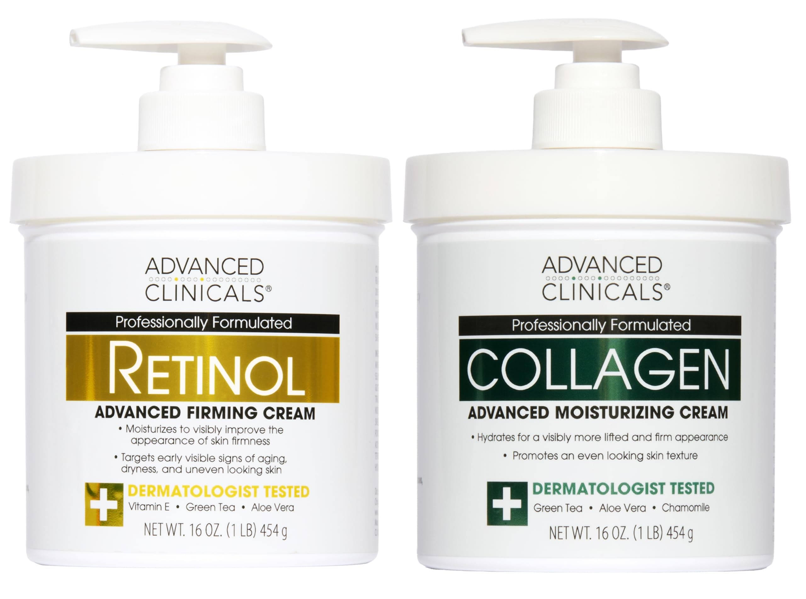 Advanced Clinicals Retinol Cream and Collagen Cream Skin Care set. Value anti-aging set for wrinkles, fine lines, firming skin. 16oz Spa size are great for face cream and body moisturizer.