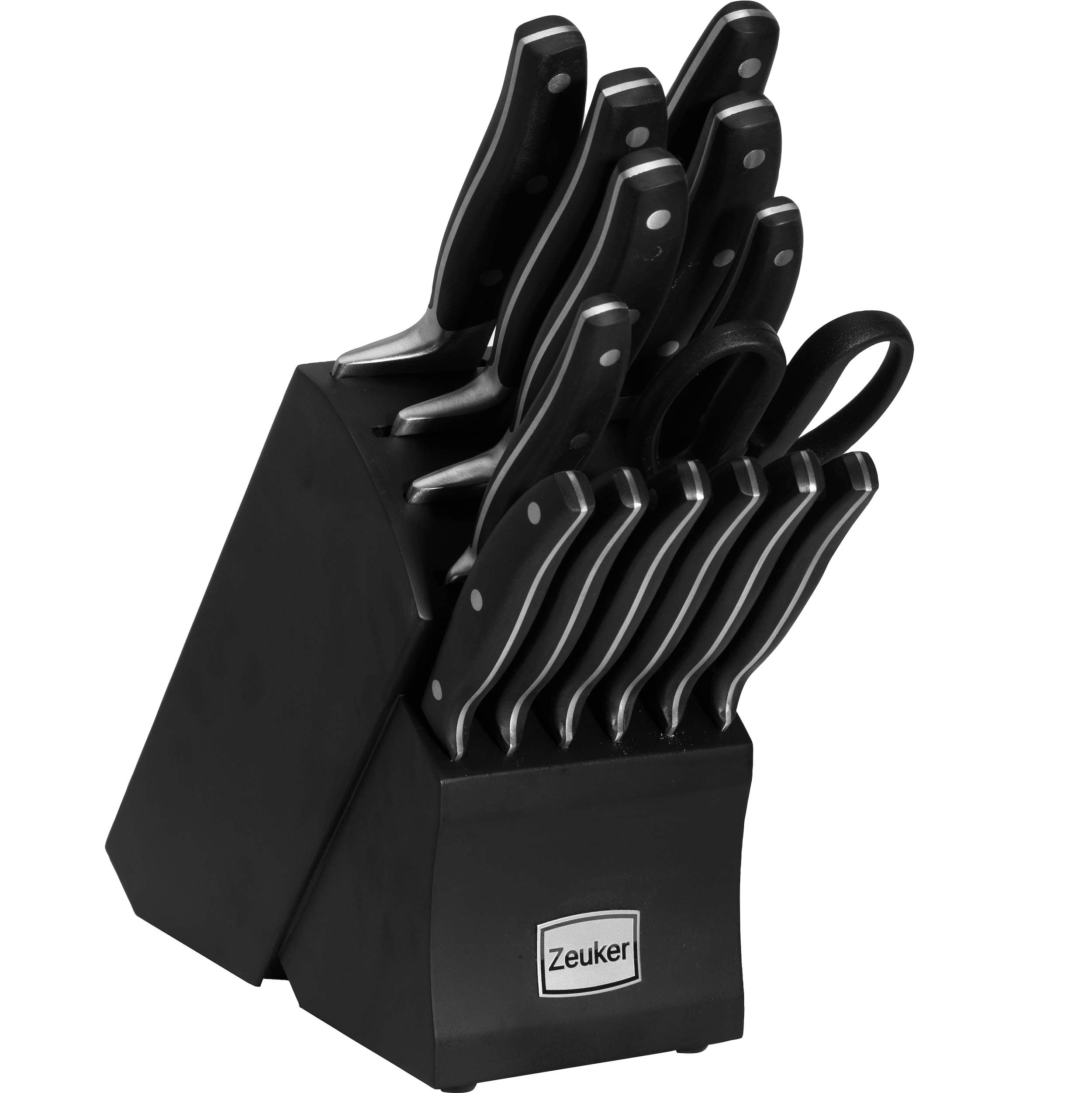 Premium Kitchen Knife Set With Block, German Stainless Steel Forged Blades, 15 Pieces, Ergonomic Black Handles, Black Wooden Block, 2 Chef Knives, 1 Santoku Knife, 1 Tomato Knife & More