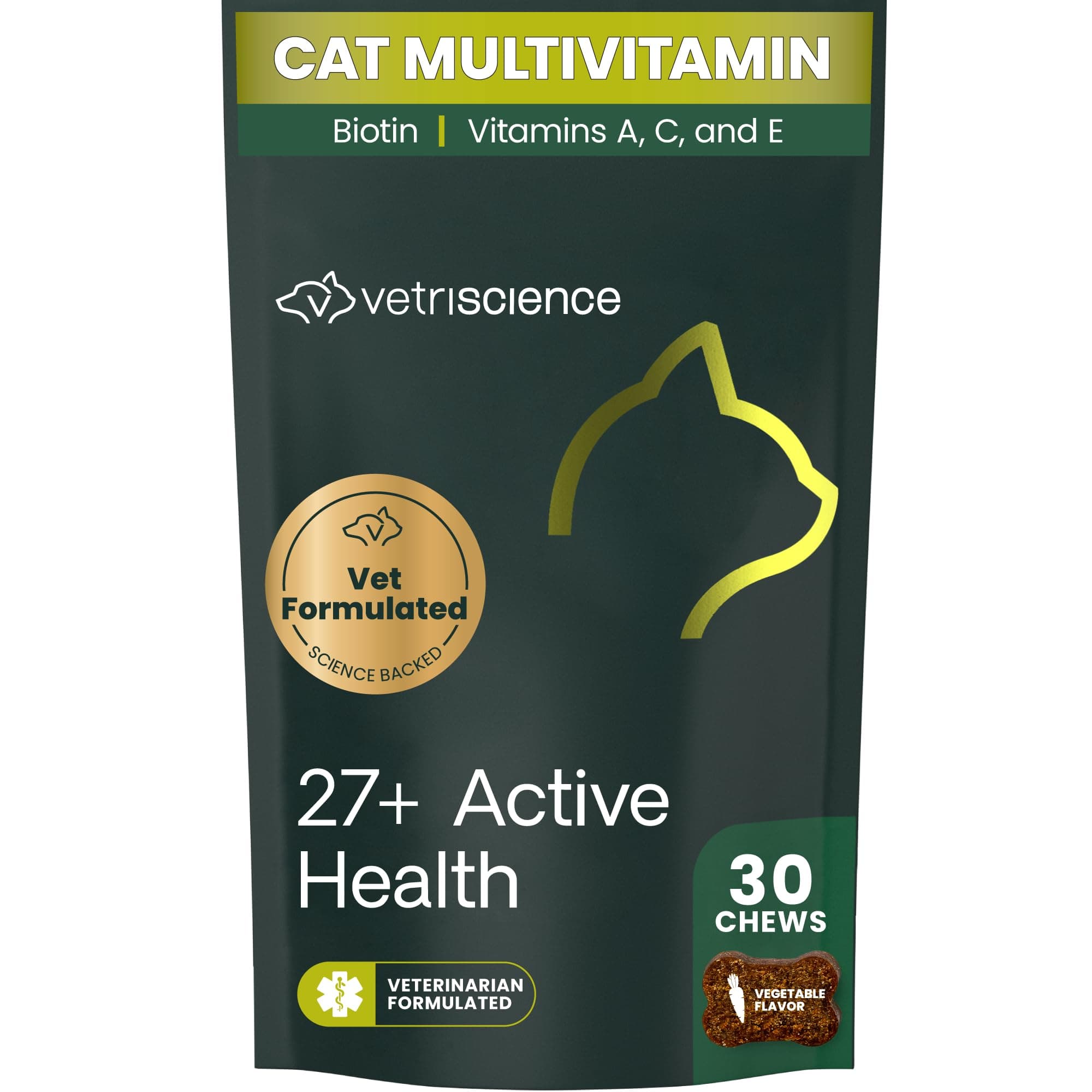 VetriScience 27+ Active Health Chews, Nu Cat Daily Multivitamin for Cats and Kittens, Balanced Vitamins, Minerals and Antioxidants, Health and Wellness Support, Fish, 30 Count