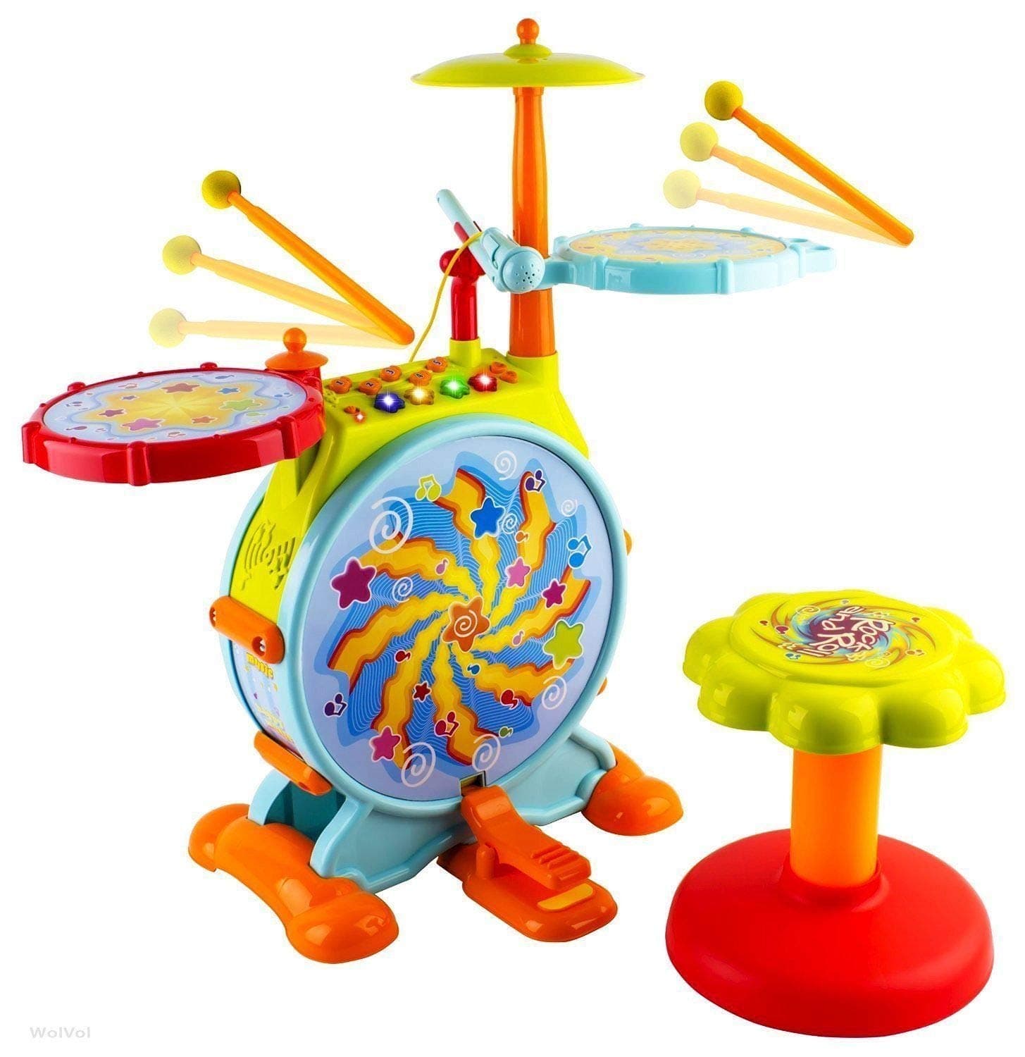 Play Baby Musical Big Toy Kids Drum Set with Adjustable Mic and Seat - Many Functions and Activities for Hours of Play - Pretend to Be A Real Drummer with Drumsticks, Pedals, and Bass Drum