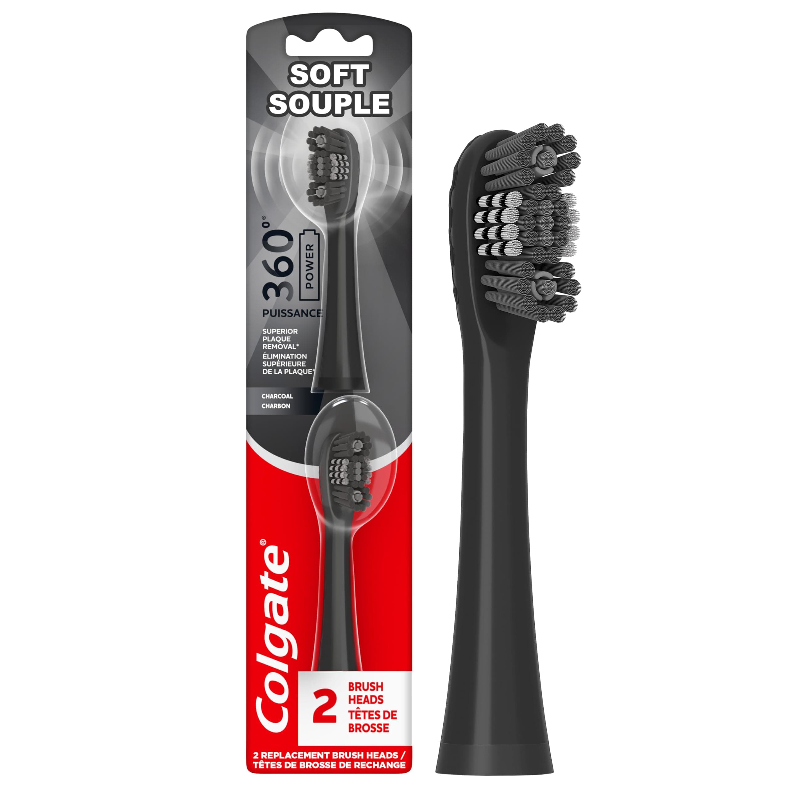 Colgate 360 Power Charcoal Replacement Toothbrush Heads, Works with Any 360 Battery Toothbrush, Features Soft Bristles and a Rubber Polisher on Each Replacement Head, 2 Pack