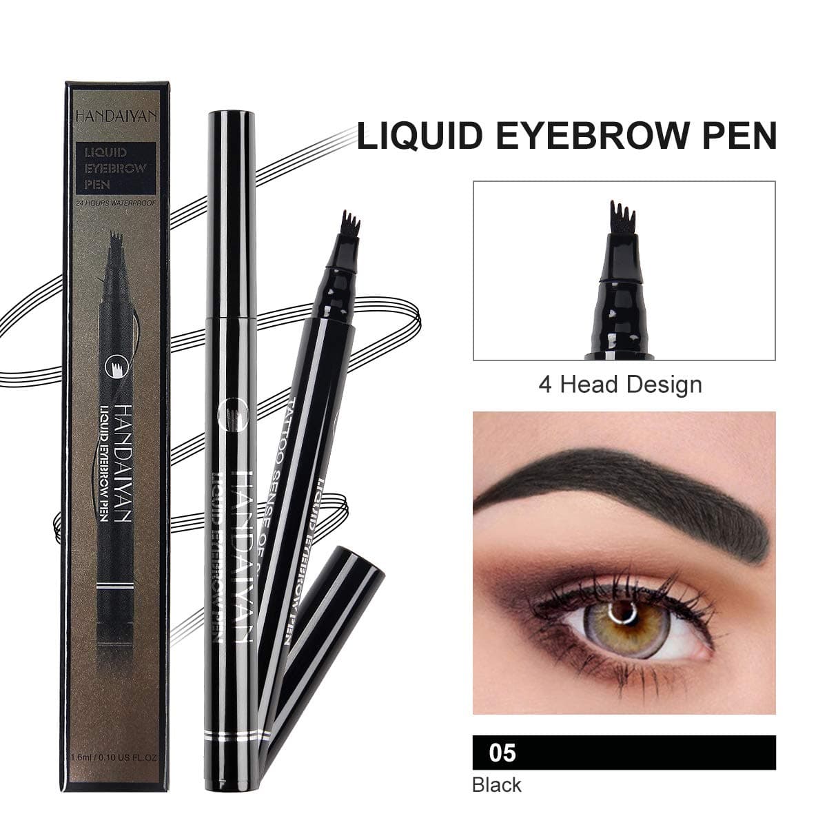HANDAIYAN Liquid Eyebrow Pen, 1Pcs Eyebrow Tattoo Pen with 4 Tips 24 Hours Waterproof Brow Pencil for Eyes Makeup (05 Balck)