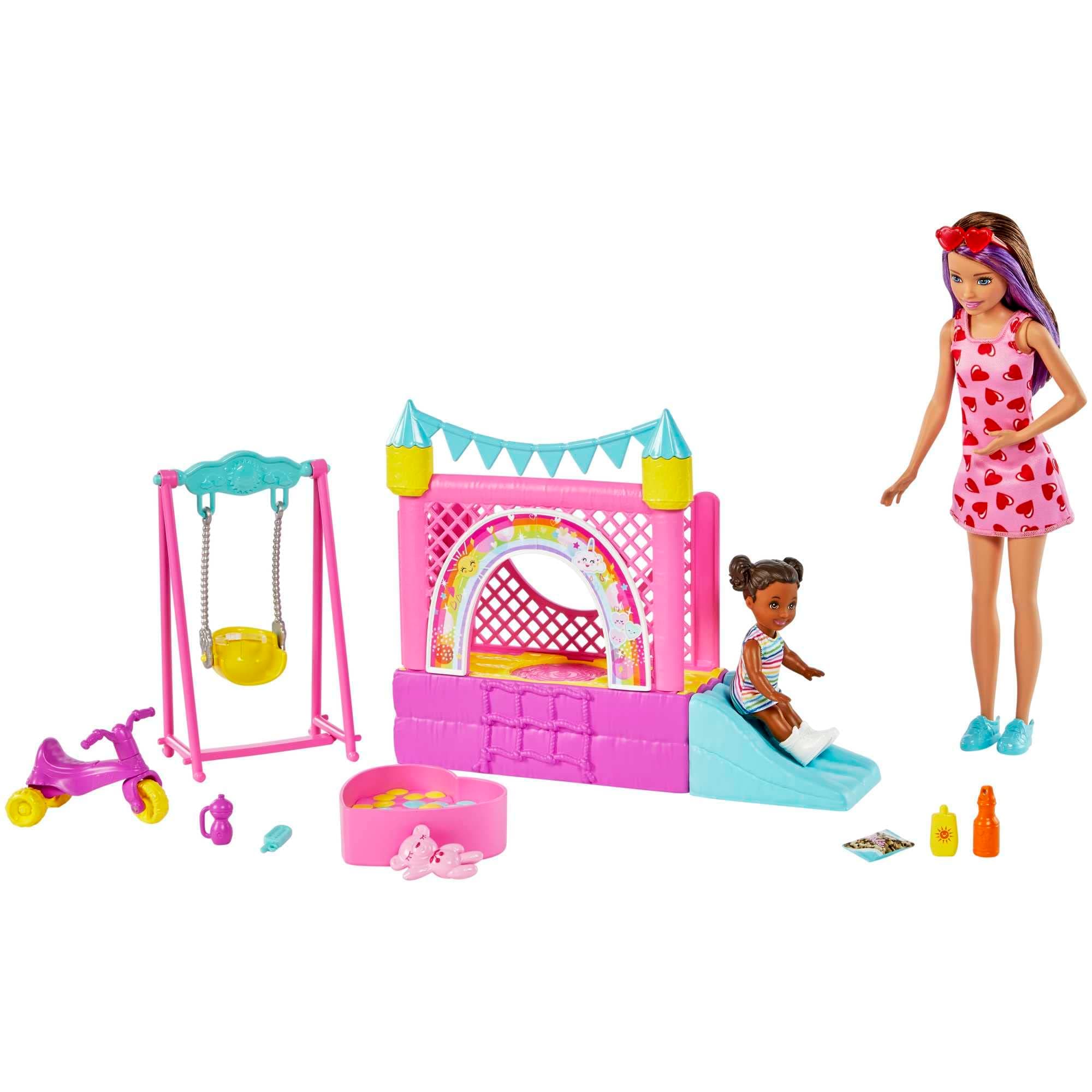 Barbie Skipper Babysitters Inc. Bounce House Playset with Skipper Babysitter Doll, Toddler Doll, Swing & Accessories, Toy for 3 Year Olds & Up, HHB67