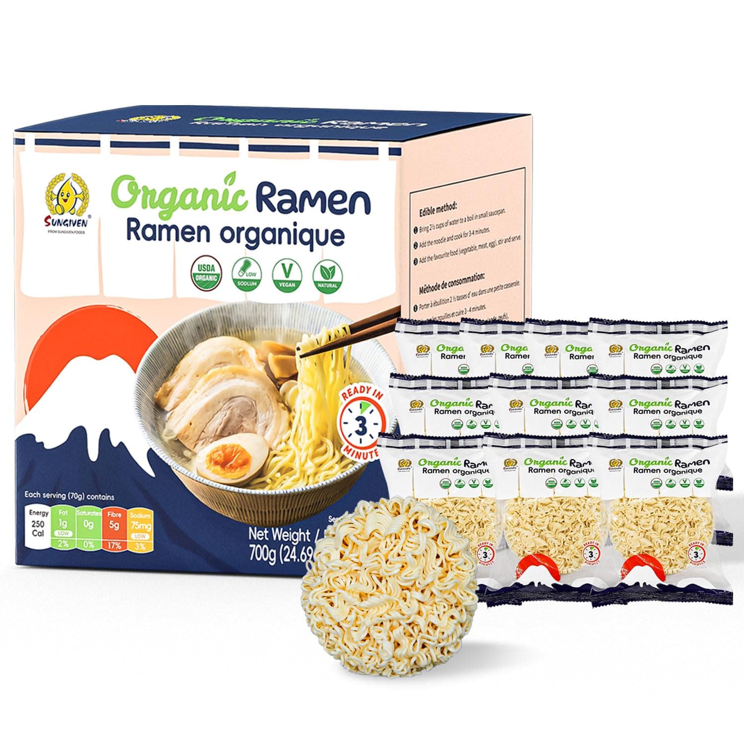 SUNGIVEN Organic Ramen Noodles Healthy Low Sodium Ready in 3 Minutes Non-Fried Instant No Additives or Preservatives 2.46 OZ (Pack of 10)