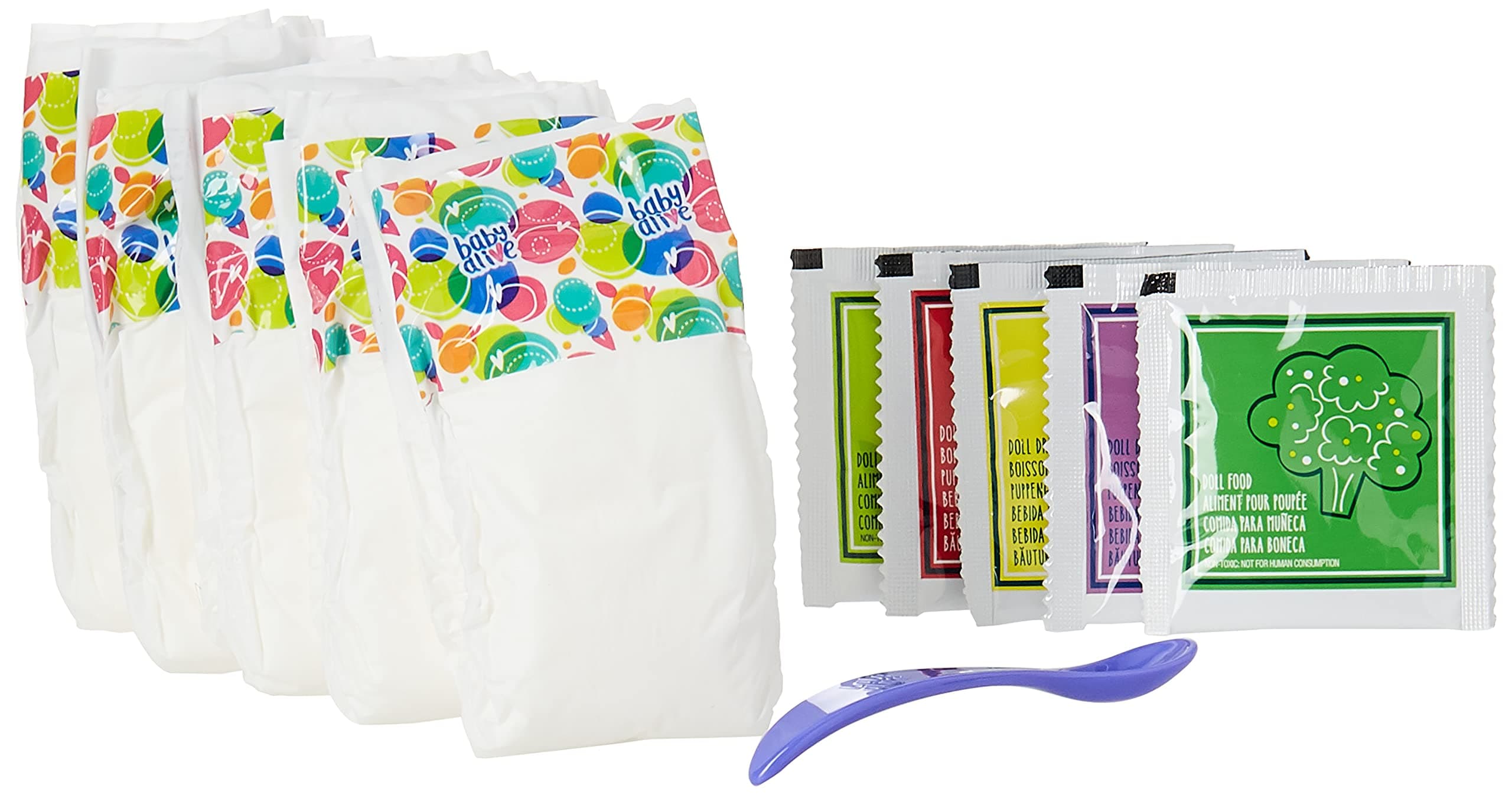 Baby Alive Doll Accessories Refill Set, 10 Powdered Doll Food Packets, 5 Doll Diapers, Spoon, Ages 3 and Up