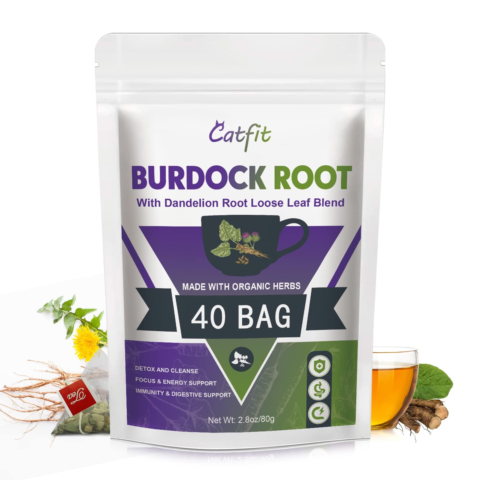 Premium Burdock Root Herbal Tea with Dandelion Root Loose Leaf Blend for Detox, Digestion & Improving Liver Health, Non-GMO, Caffeine Free, 40 Tea Bags