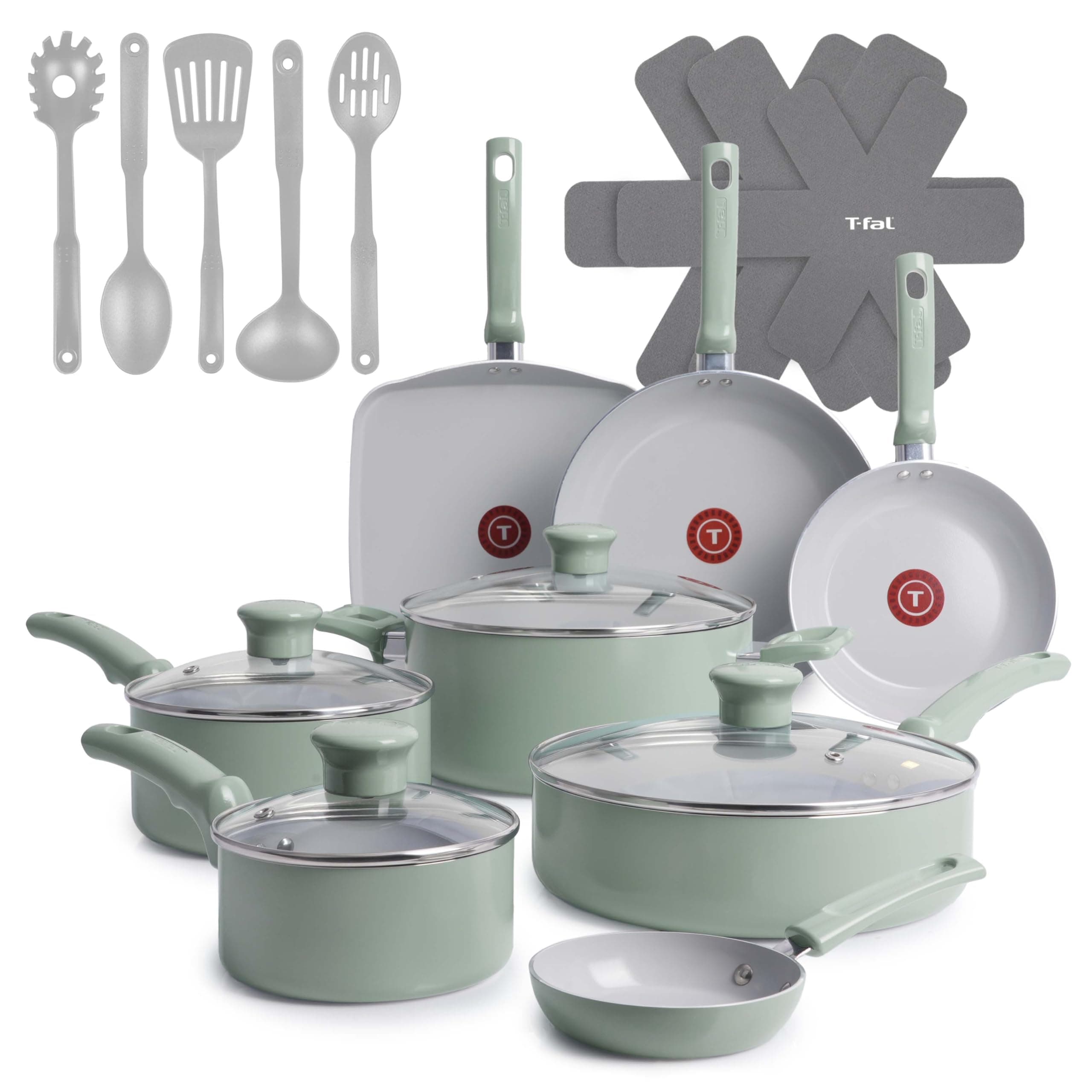 T-fal Refresh Ceramic, Ceramic Non Stick Cookware Set 20 Piece, Oven Broiler Safe 350F, Kitchen Set w/Egg Pan, Fry Pans, Saucepans, Griddle, Sautepan, Dutch Oven & Utensils, Pots, Pans, Moon Gray