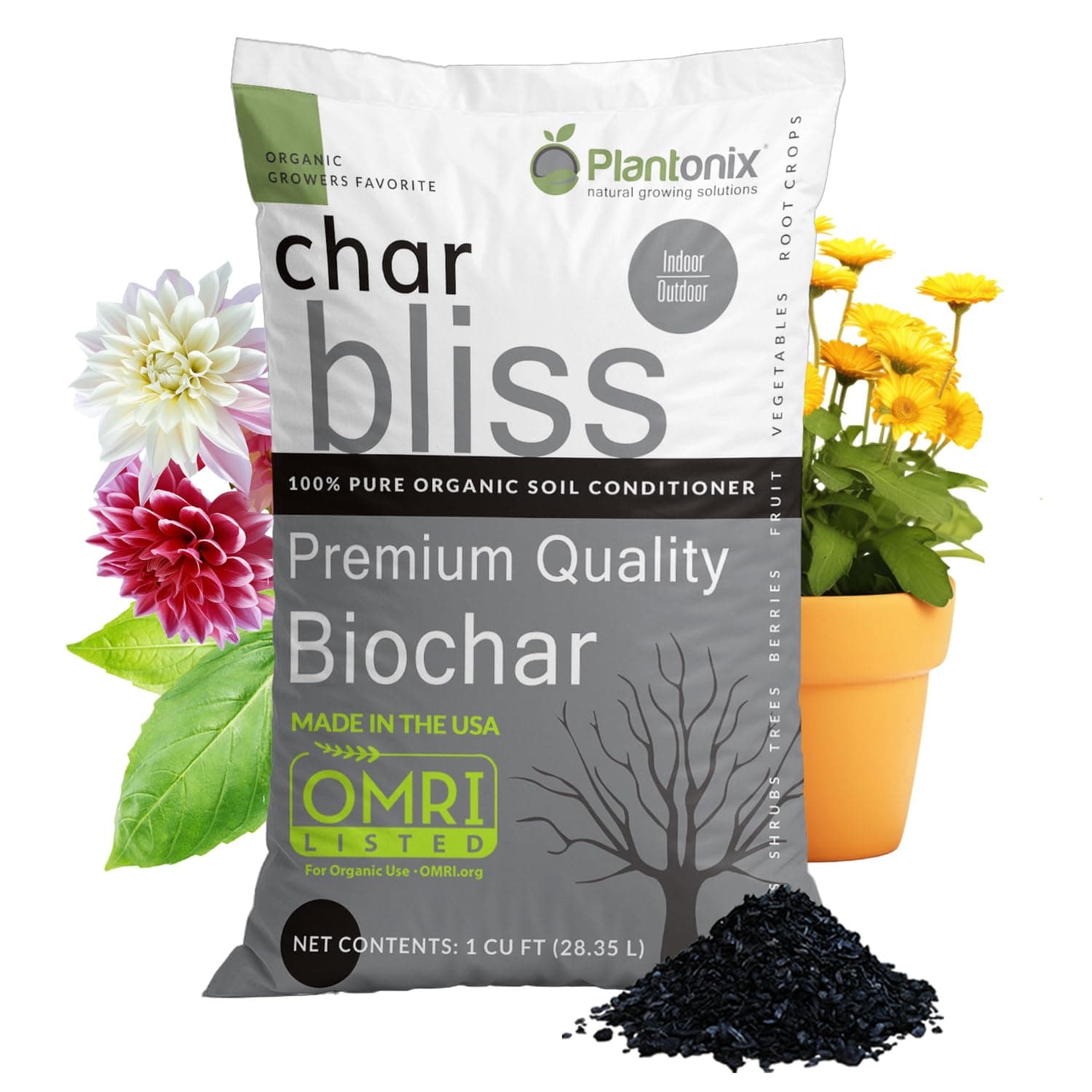 Char Bliss (1 Cubic Ft) - Organic Biochar for Plants - OMRI-Listed Biochar Soil Amendment Organic - Horticultural Charcoal for Plants, Gardening, & Potting Soil - 100% Natural and Renewable Bio Char