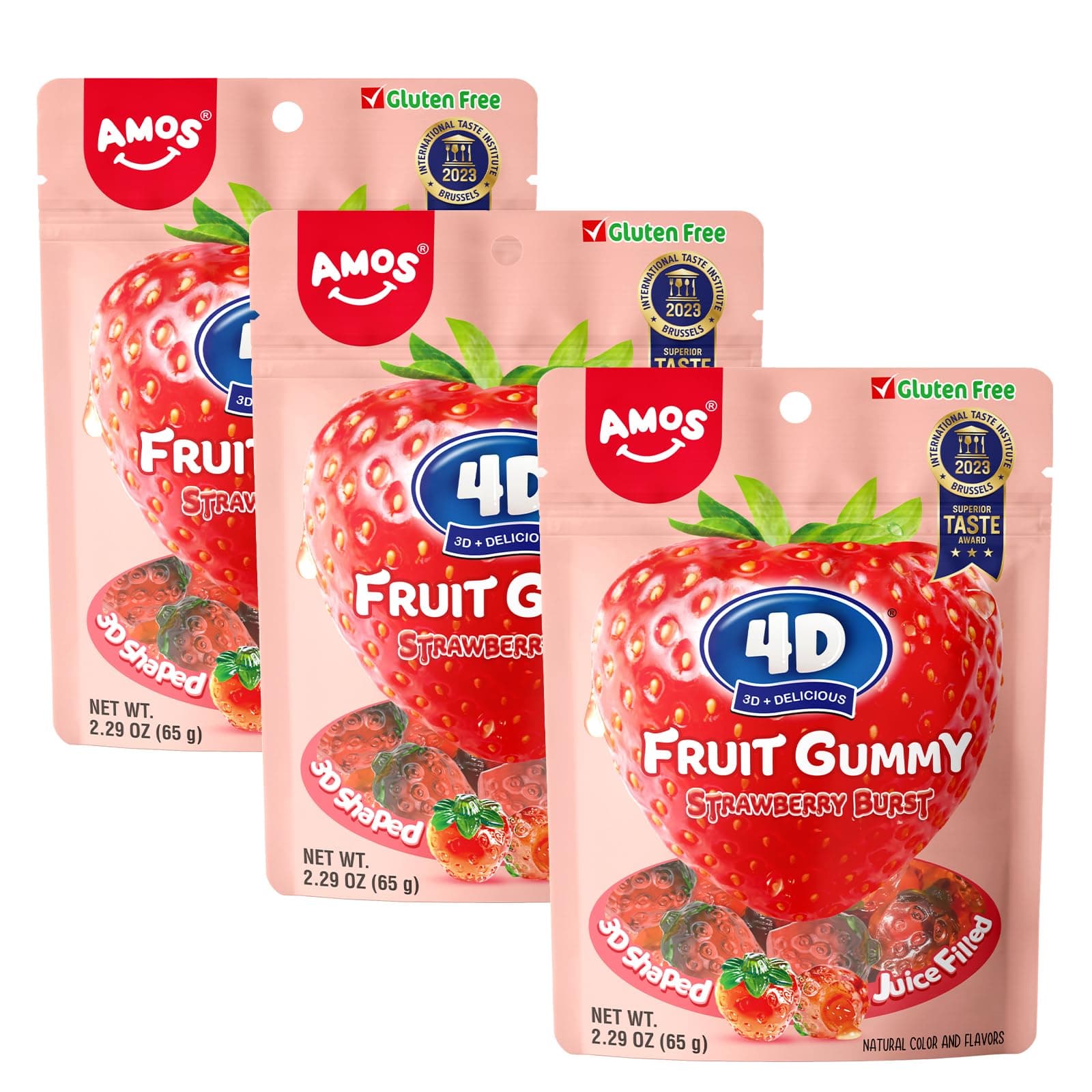 Amos 4D Gummy Candy Strawberry Burst - Fruity, Jelly-Filled, Natural Flavor - Resealable 2.29oz Bag (Pack of 3)