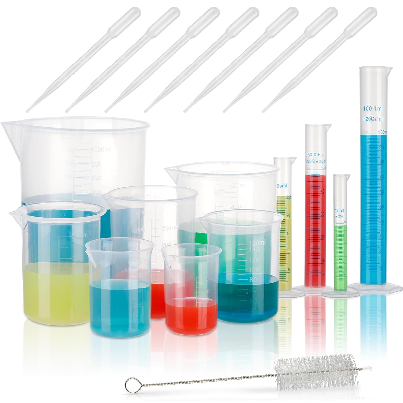 19 Pcs Graduated Cylinders and Measuring Beakers Set With 7 Plastic Droppers and Test Tube Brush - Science Lab, Baking, Cooking Liquid Measure Tools