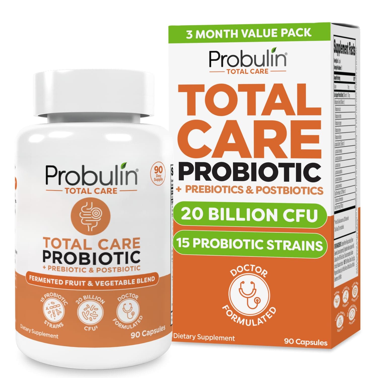 Total Care Probiotic Supplement, Daily Gut, Digestive, and Immune Health Probiotics Capsules for Men and Women, 20 Billion CFU, Vegan, 90 Count Bottle