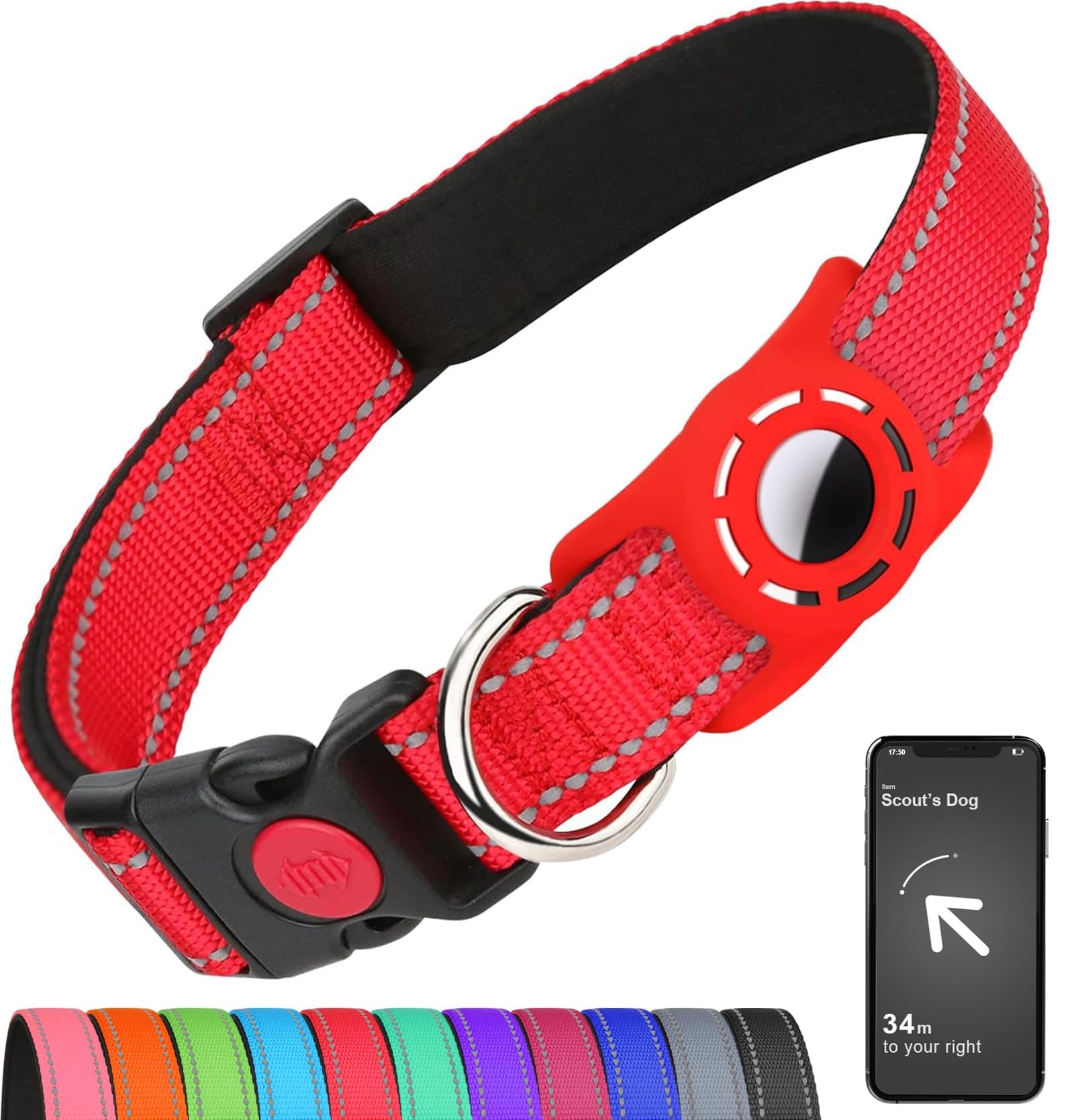 Airtag Dog Collar with AirTag Holder for Medium Dogs, Reflective, Soft Padded & Safety Locking Buckle, Nylon Pet Collars Adjustable for All Breeds, Red,M