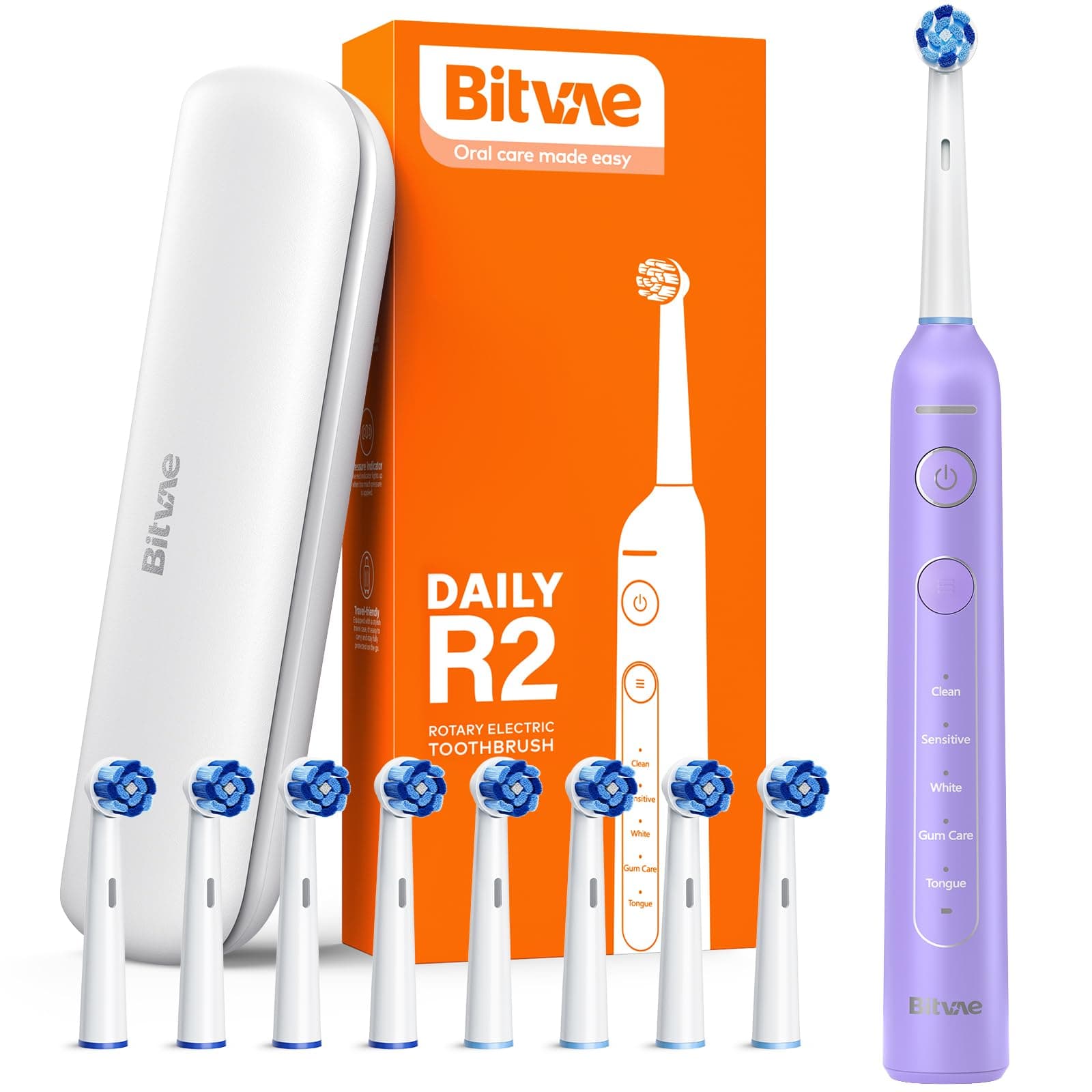 Bitvae R2 Rotating Electric Toothbrush for Adults with 8 Brush Heads, 5 Modes Rechargeable Power Toothbrush with Pressure Sensor, Purple