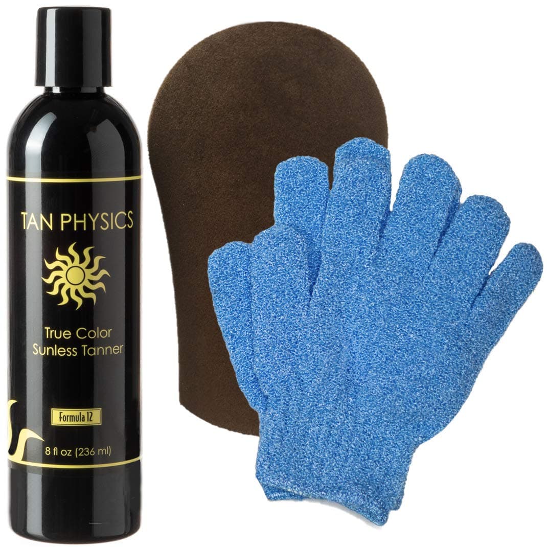 Tan PhysicsSunless Tanner 8oz with Tanning Mitt & Exfoliation Gloves – Self Tanning Lotion for Face & Body – Instant, Streak-Free Application for a Natural, Long-Lasting Glow