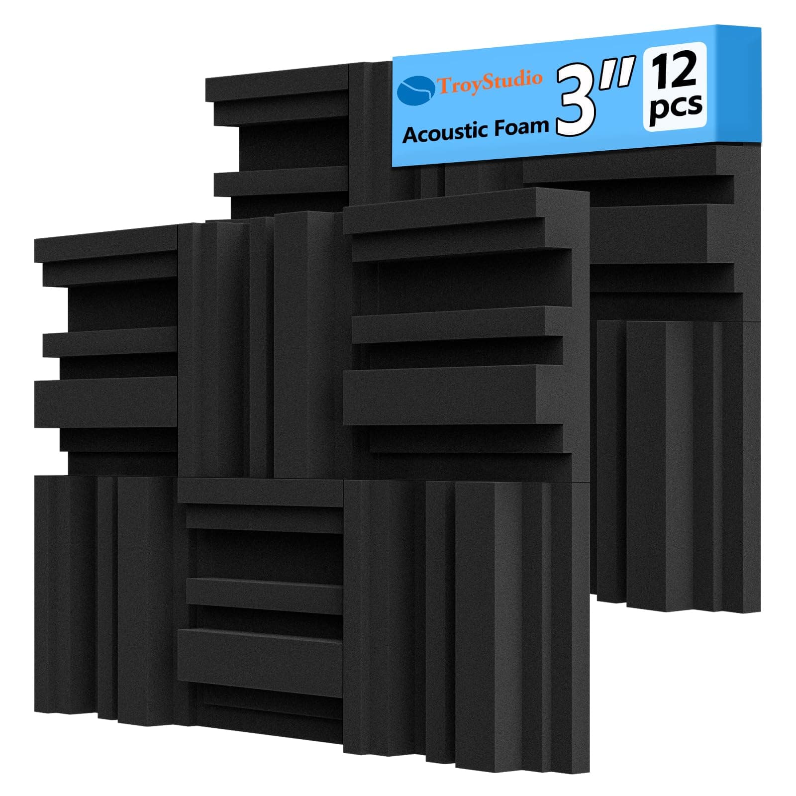 TroyStudio Thickened 12 X 12 X 3 Inch Acoustic Foam Panels in Diffusion Pattern, 12 Pcs High Density Sound Absorbing Foam Diffuser, Soundproof 3D Wall Padding Tiles for Recording Studio Home Office