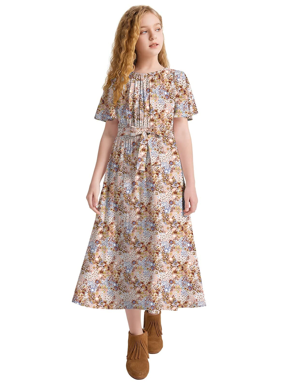 LaBecaGirls Casual Butterfly Sleeve Elastic Crew Neck Floral Printed Solid Color High Waist Midi Belted Dress with Pocket