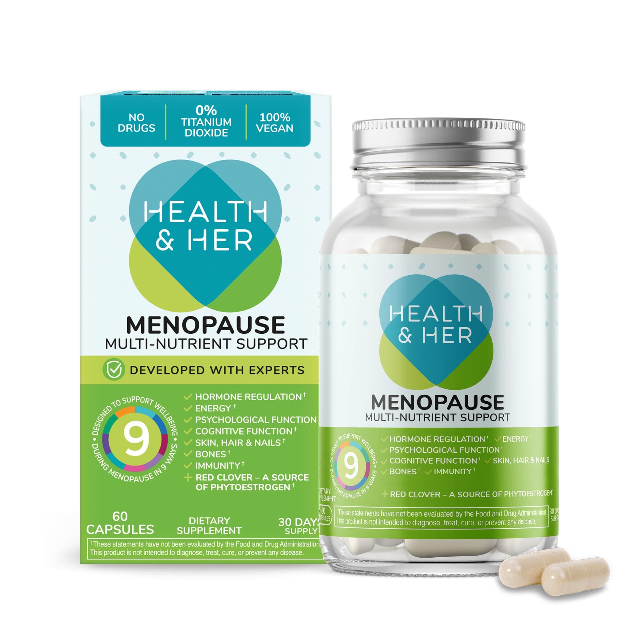 Health and Her & Menopause Multi-Nutrient Support - for Wellbeing During Menopause - 1 Month Supply of Menopause Supplements - 60 Tablets - Vegan