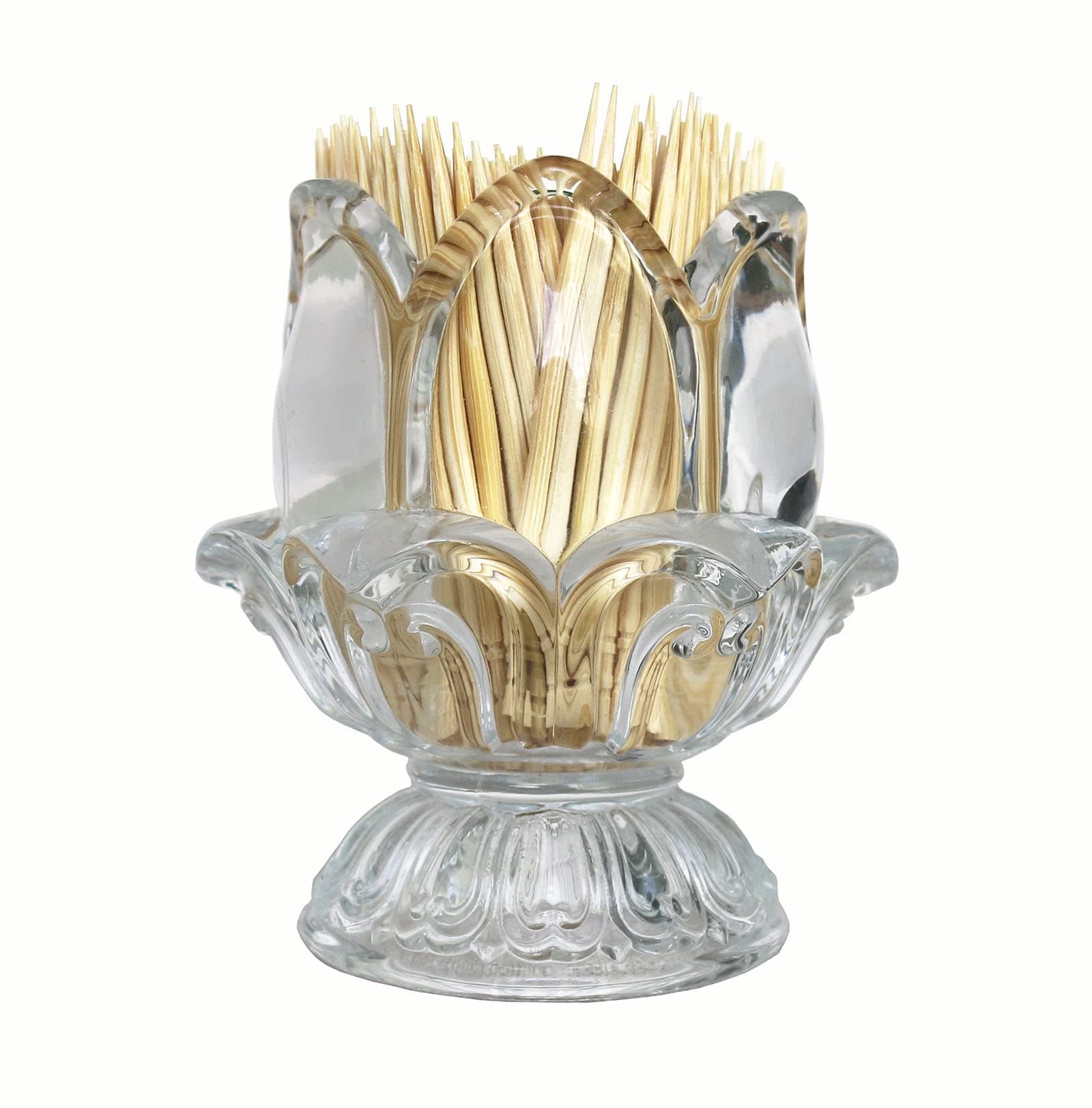 Toothpick Holder, Decorative Crystal Glass Toothpick Dispenser with 450 Bamboo Toothpicks