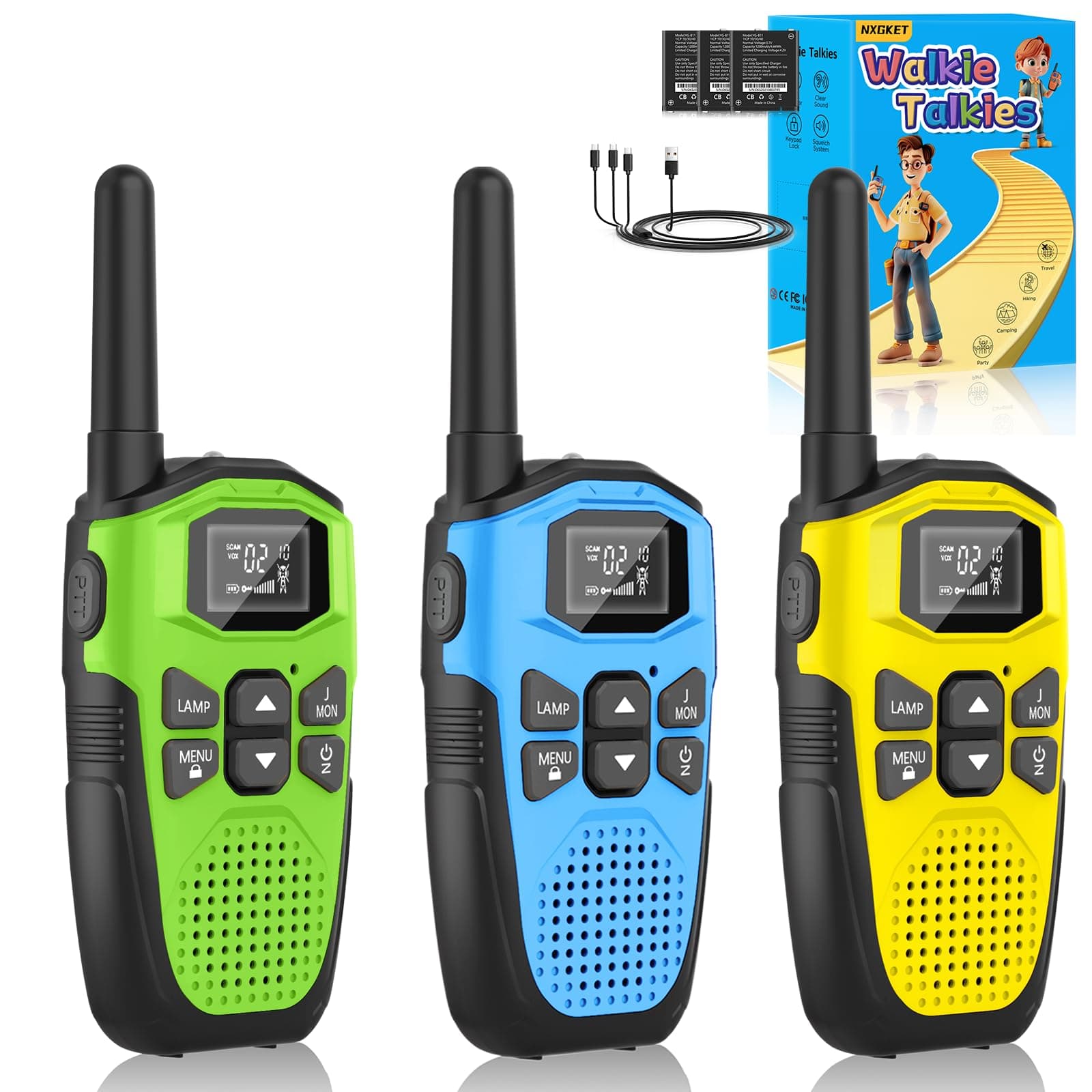 Walkie Talkies for Adults Long Range 3 Pack, NXGKET Rechargeable Kids Walky Talky with Built-In Li-Ion Battery, 16 Channels Radio with Type-C Charging Cable,VOX Function,LED Flashlight, for Camping