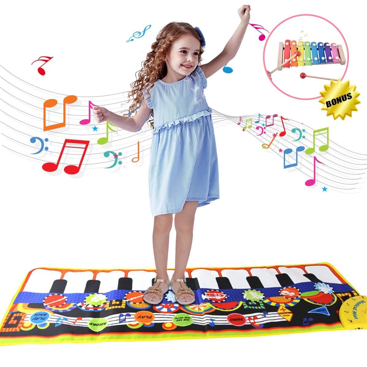 BAISIQI Piano Music Dance Mat for Kids with Xylophone Toy Gifts for 3-4 Year Old Girls Boys Toddler Toy Musical Playmat for Baby Educational Electronic Game Presents for Christmas Birthday