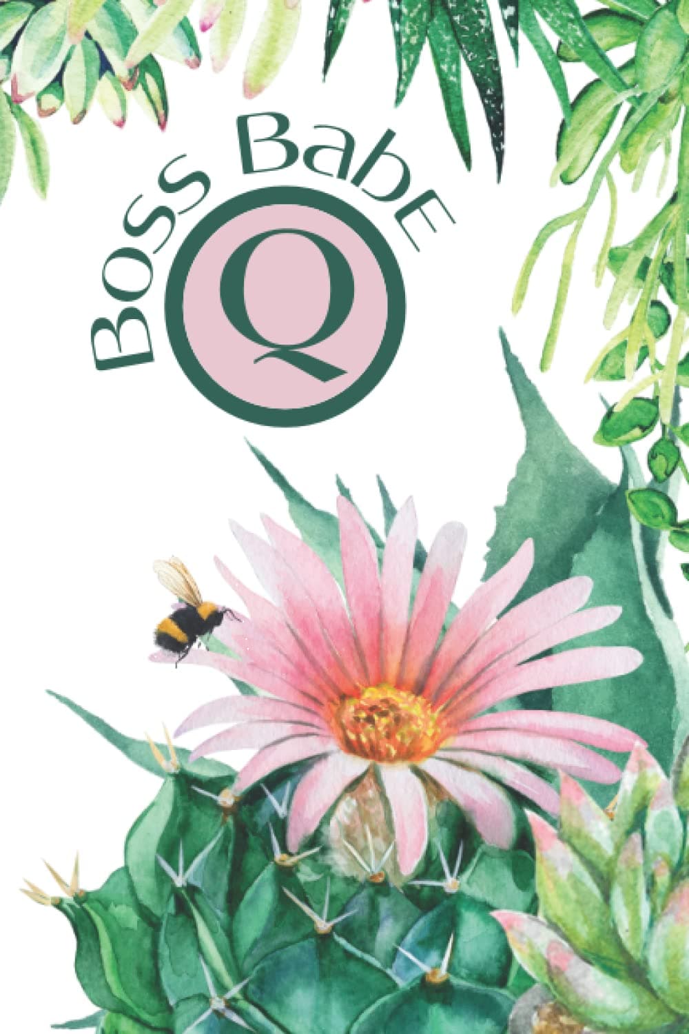 Boss Babe Notebook with Cactus and Bee:: Monogrammed Initial Capital Letter Q Journal for Writing by Women, Sorority and Teen Girls