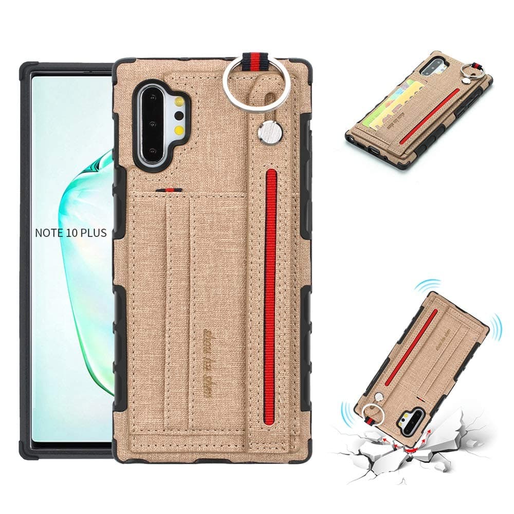 Galaxy Note 10 Plus Case,HuiFlying PU Leather Shockproof Wallet Case [Credit Card ID Holders] Adjustable Wrist Strap Hand Strap Stand Back Cover TPU for Samsung Galaxy Note 10+/Note 10+ 5G (Khaki)