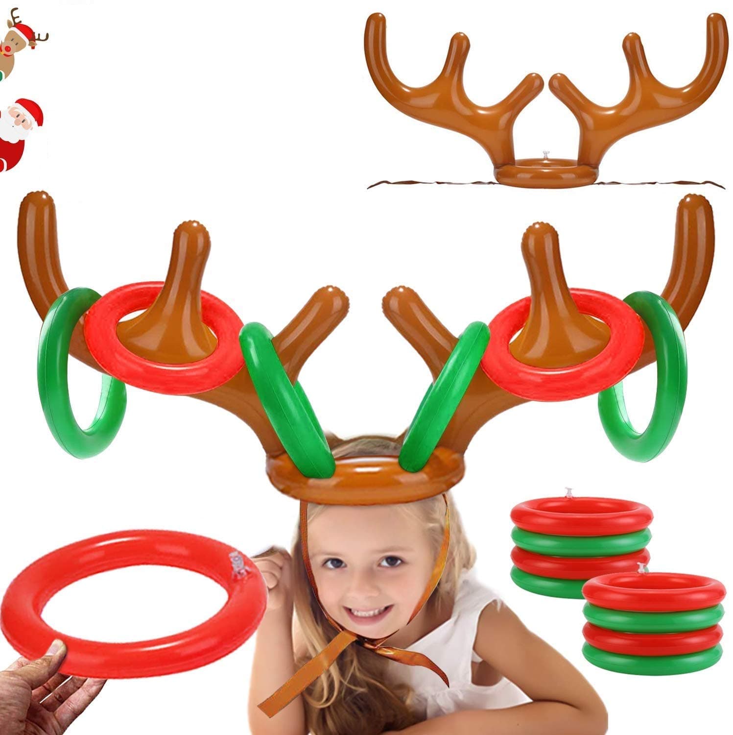 2PCS Christmas Party Toss Game Inflatable Reindeer Antler Hat with Rings for Kids Adults Family Xmas Fun Games(1 Pump，8 Rings, 2 Antlers)