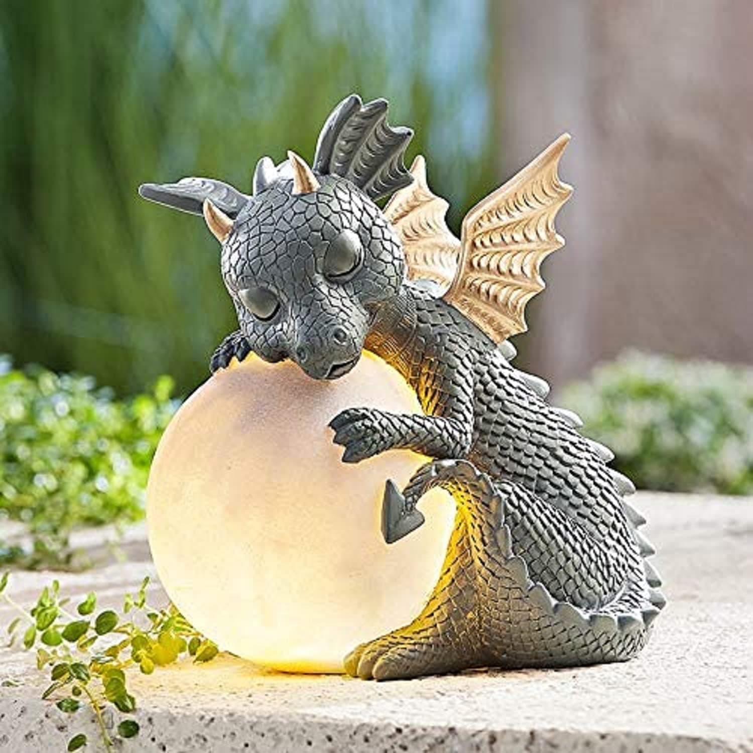Dragon Statue Garden Figurine Solar Powered LED Lights Outdoor Statues Outdoor Decor Garden Sculptures,Weather Resistant Garden Statues with Gazing Ball Dragon Decor for Patio Lawn Yard Decor